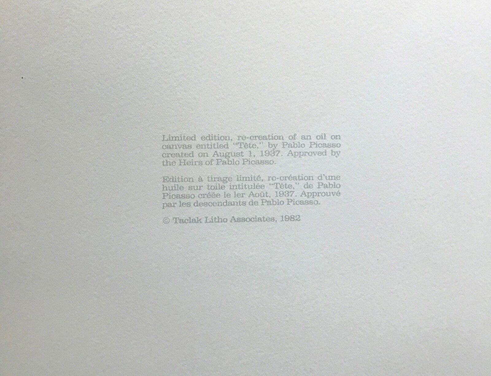 Artwork by Pablo Picasso, TETE, Made of Lithograph On Arches Paper 