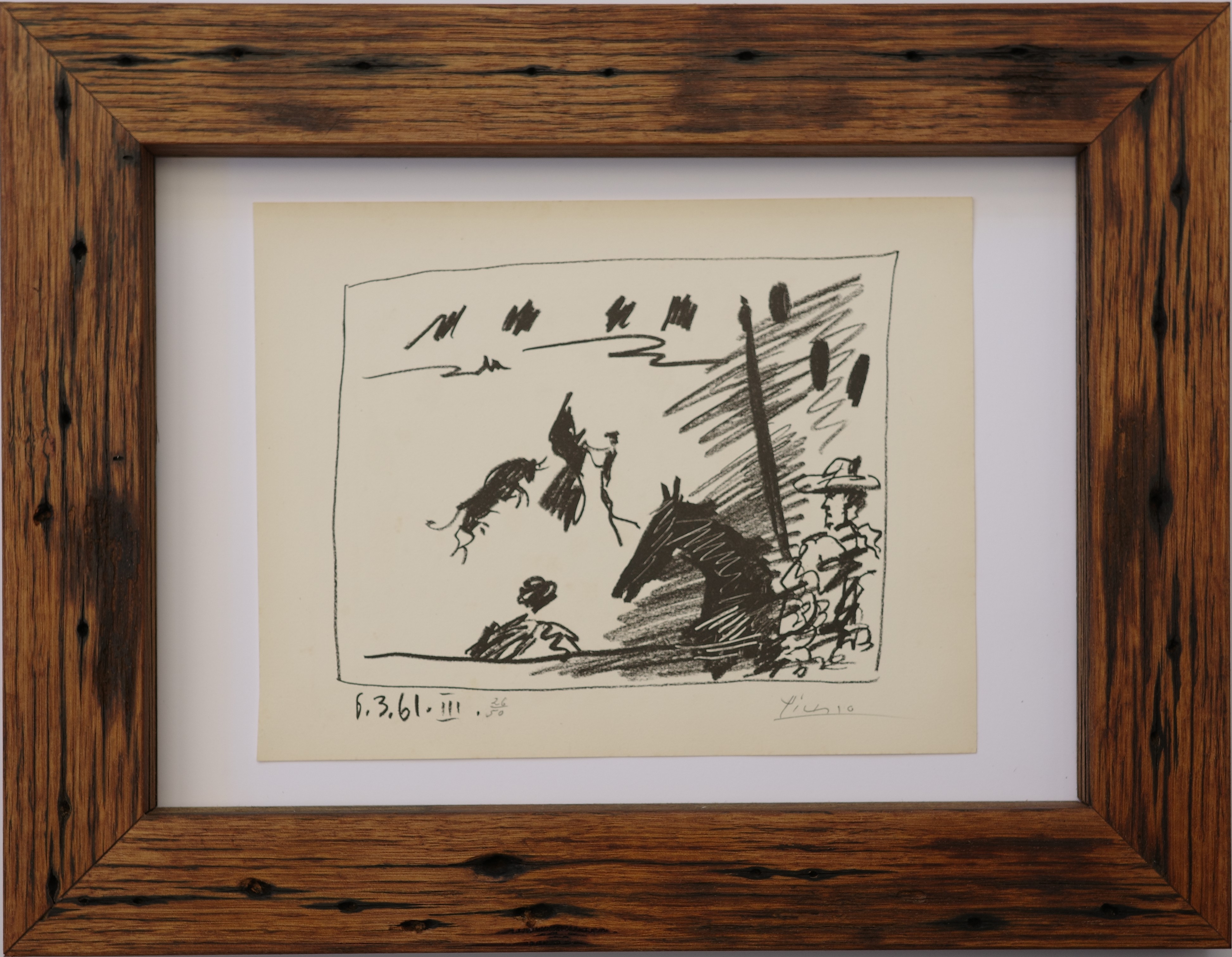 A four-panel collage of bullfighting scenes rendered in expressive ink and vibrant color.