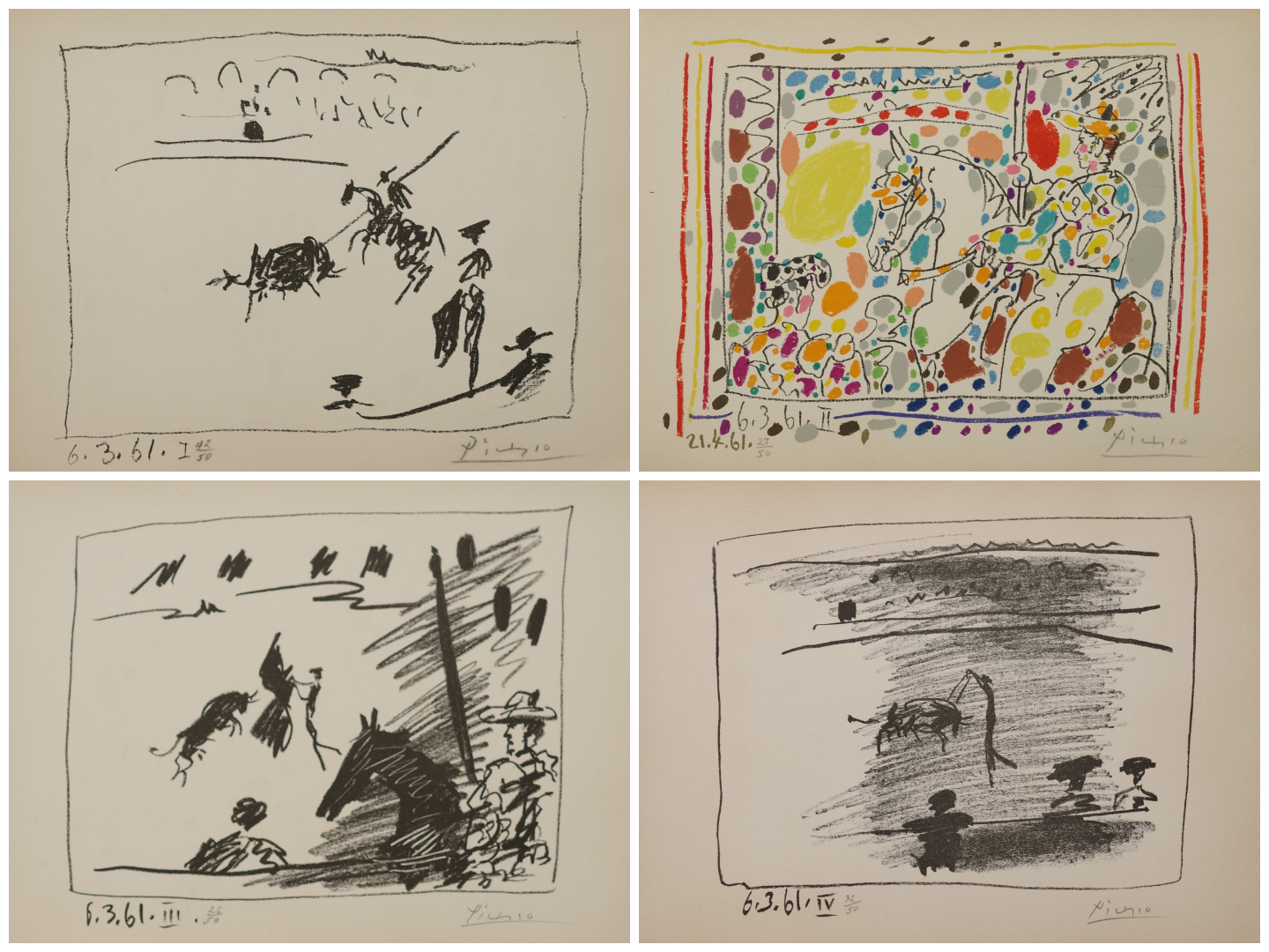A four-panel collage of bullfighting scenes rendered in expressive ink and vibrant color.