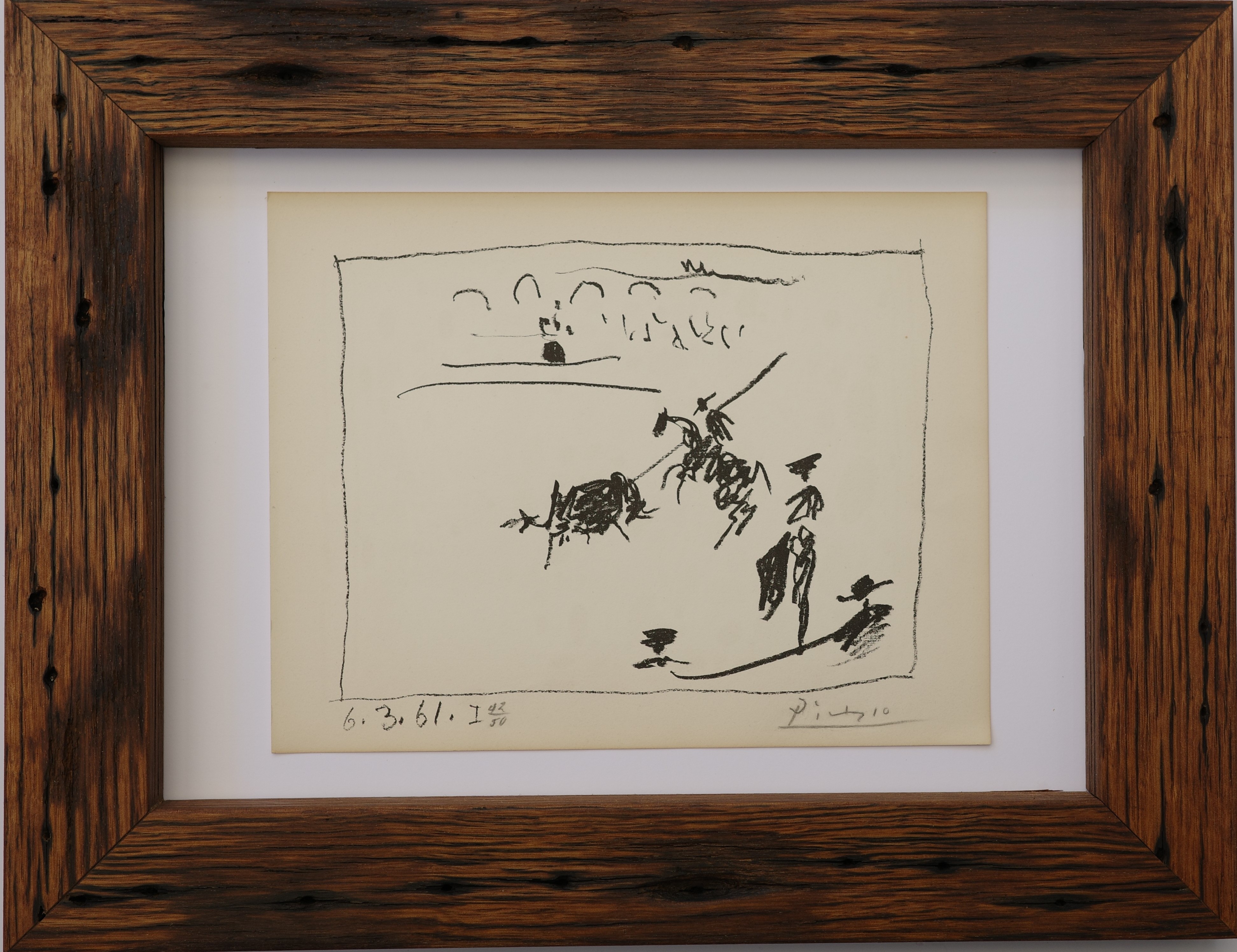 A four-panel collage of bullfighting scenes rendered in expressive ink and vibrant color.