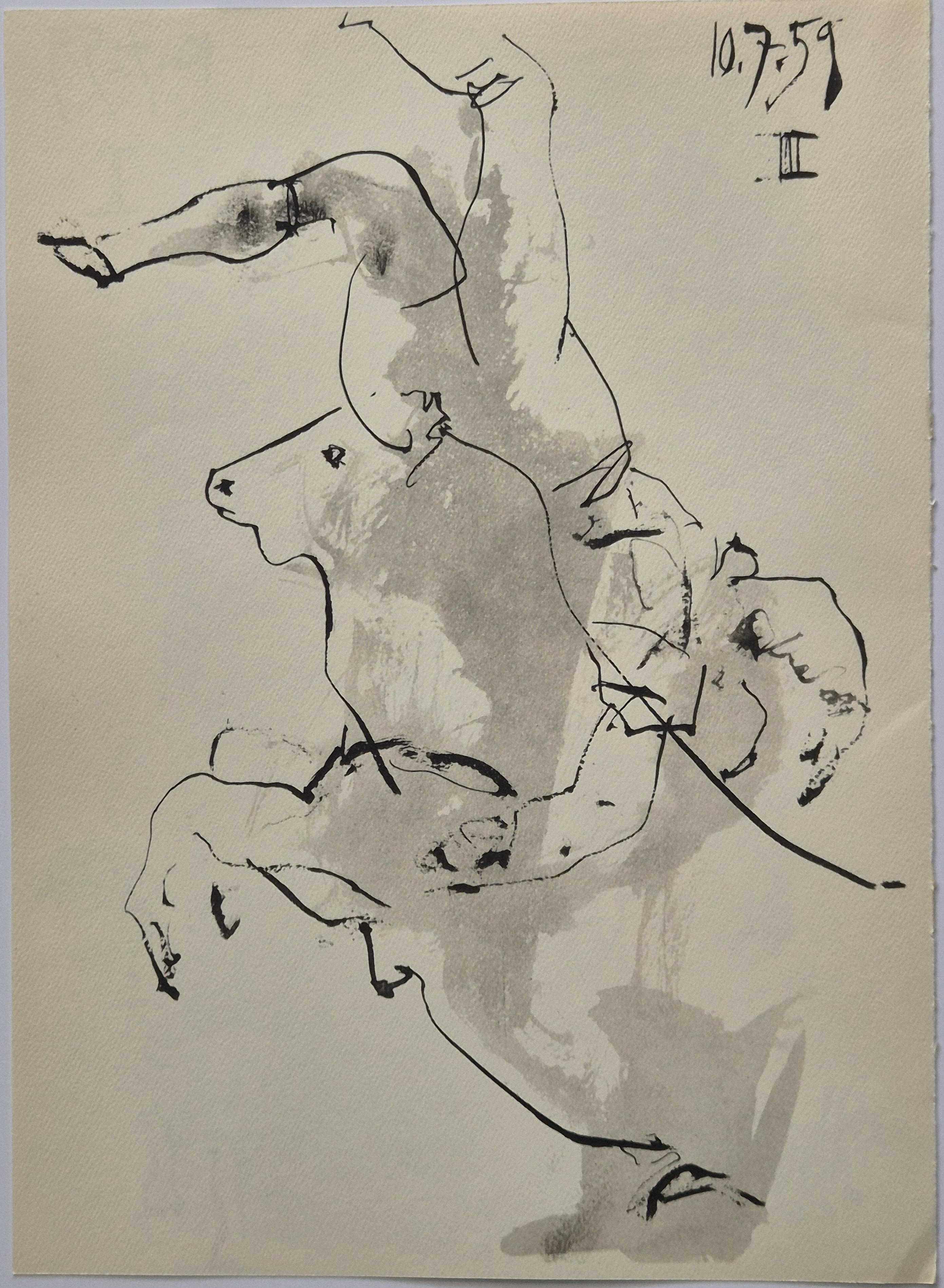 A black and white drawing of a horse and rider.