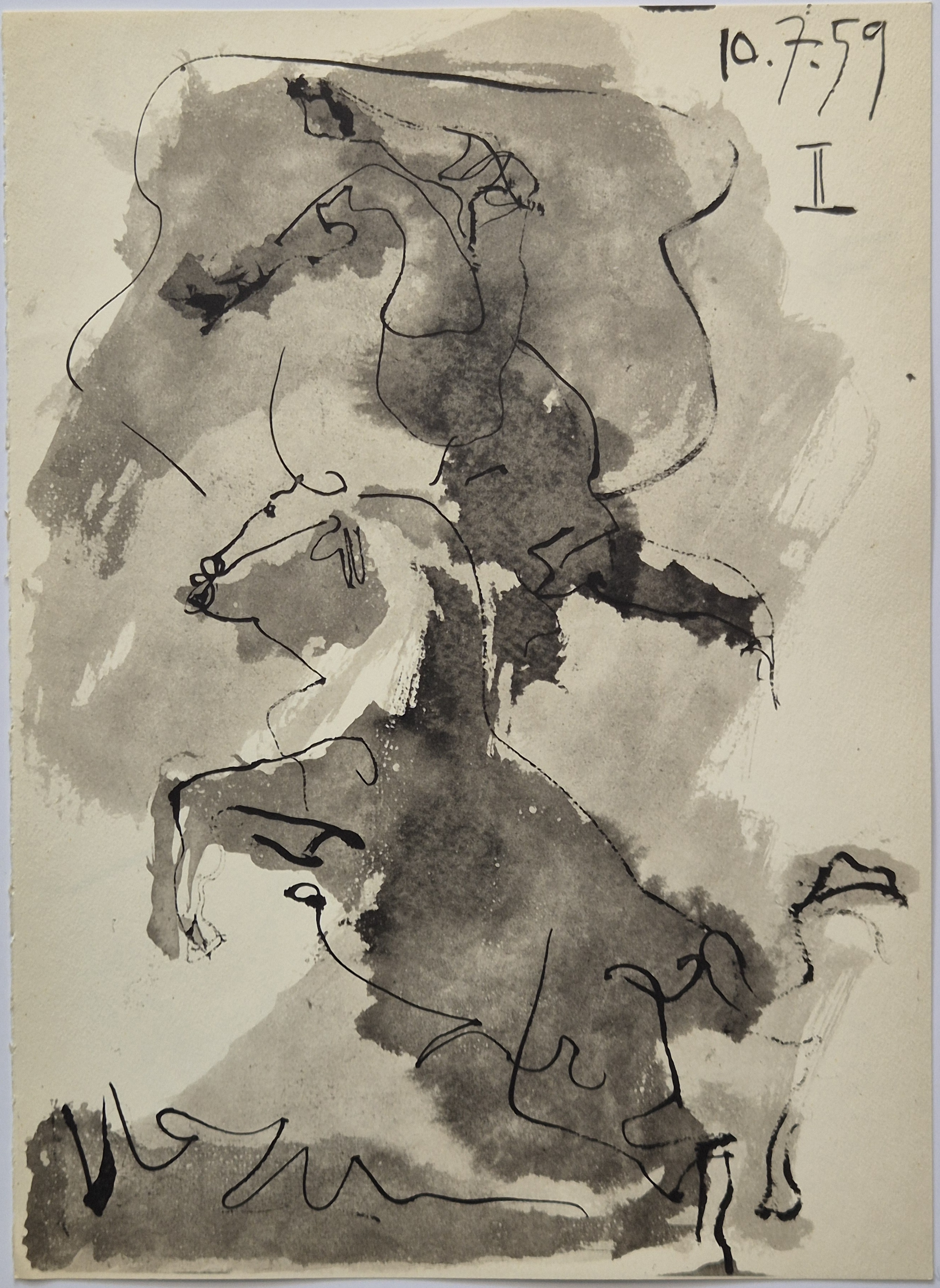 A black and white drawing of a horse and rider.