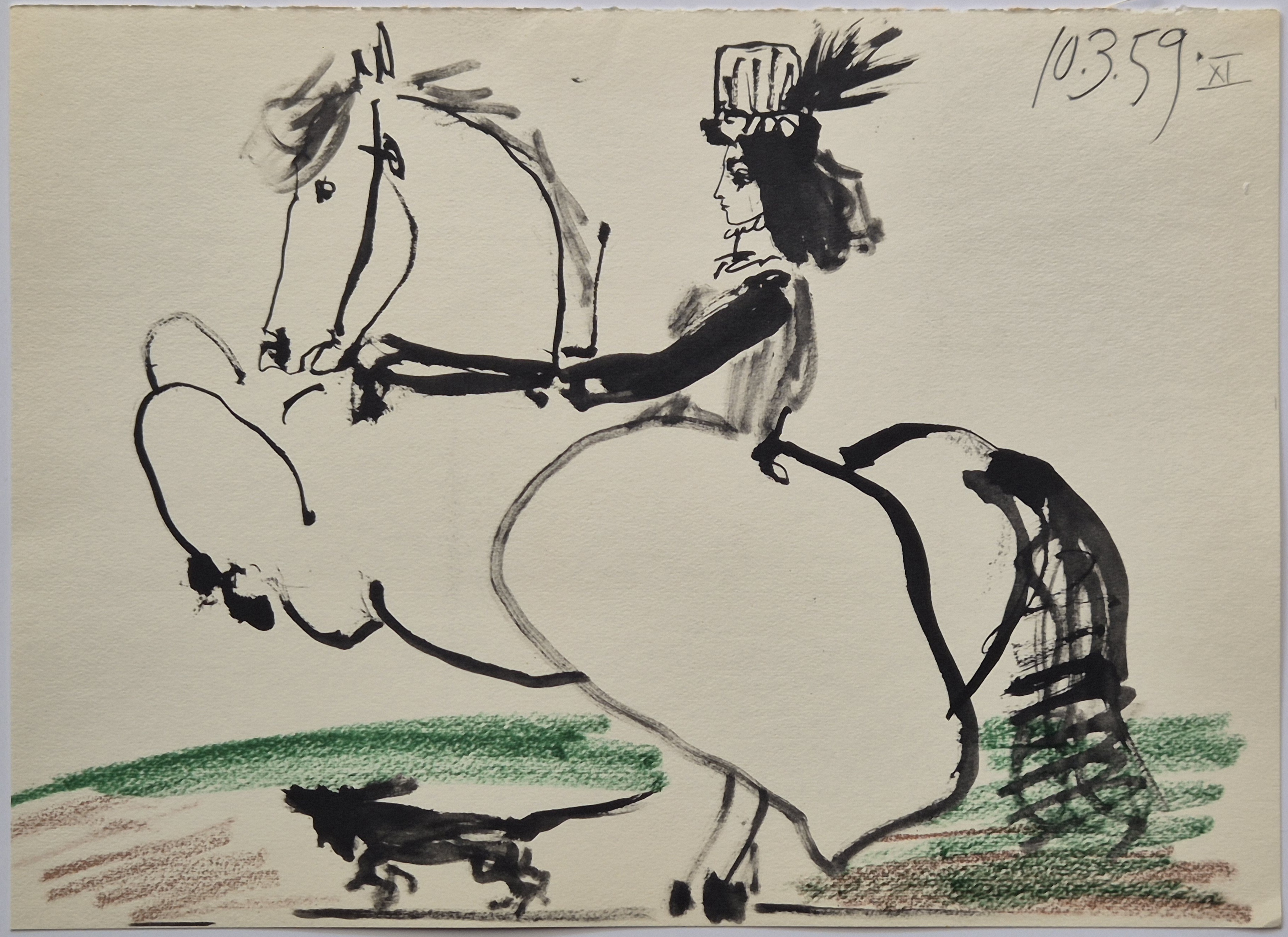A dynamic ink sketch of a figure riding a horse with a small dog in the foreground.