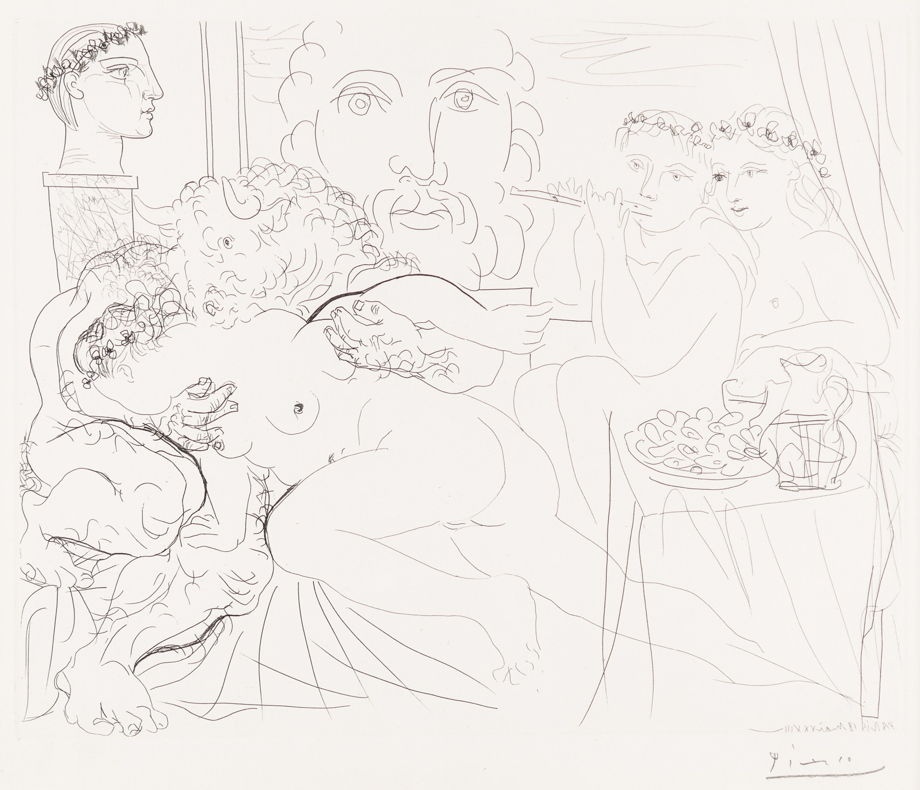 Autoportrait Sous Trois Formes: Peintre Couronné, Sculpteur En Buste Et Minotaure Amoureux by Pablo Picasso, 1933
