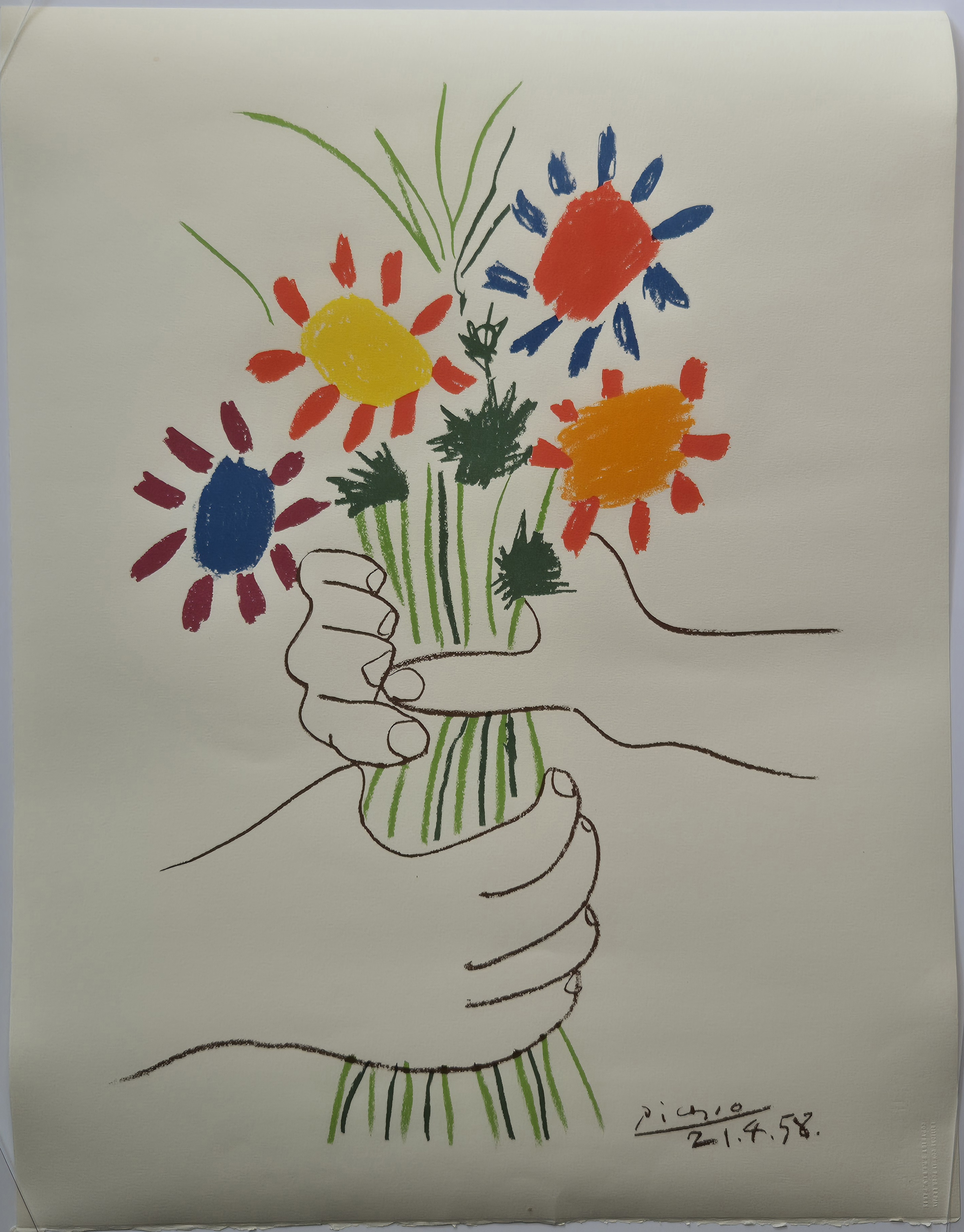 A drawing of a hand holding a vase of flowers.