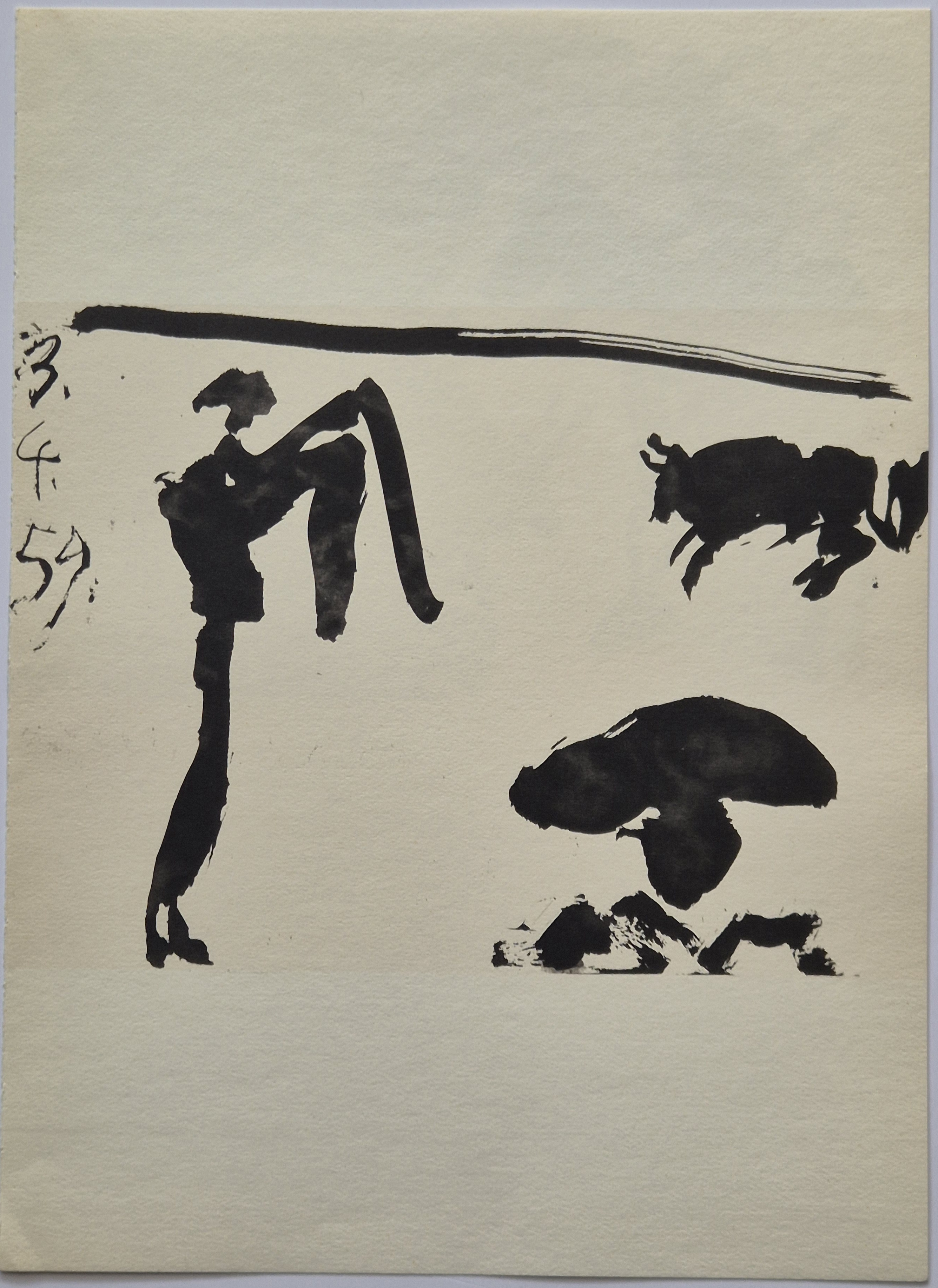 A black and white painting of a man holding a stick in his hand.