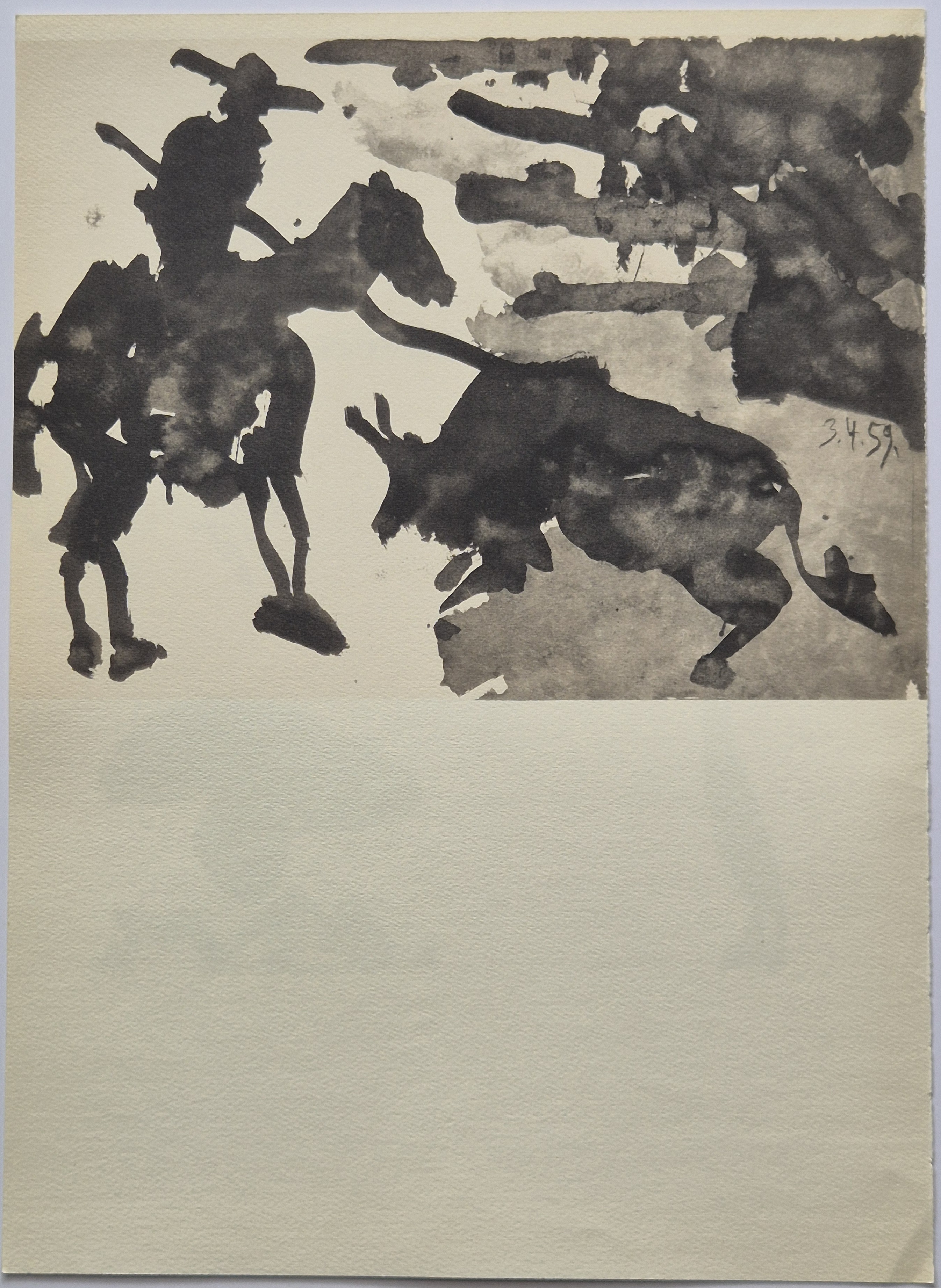 A black and white painting of a man holding a stick in his hand.