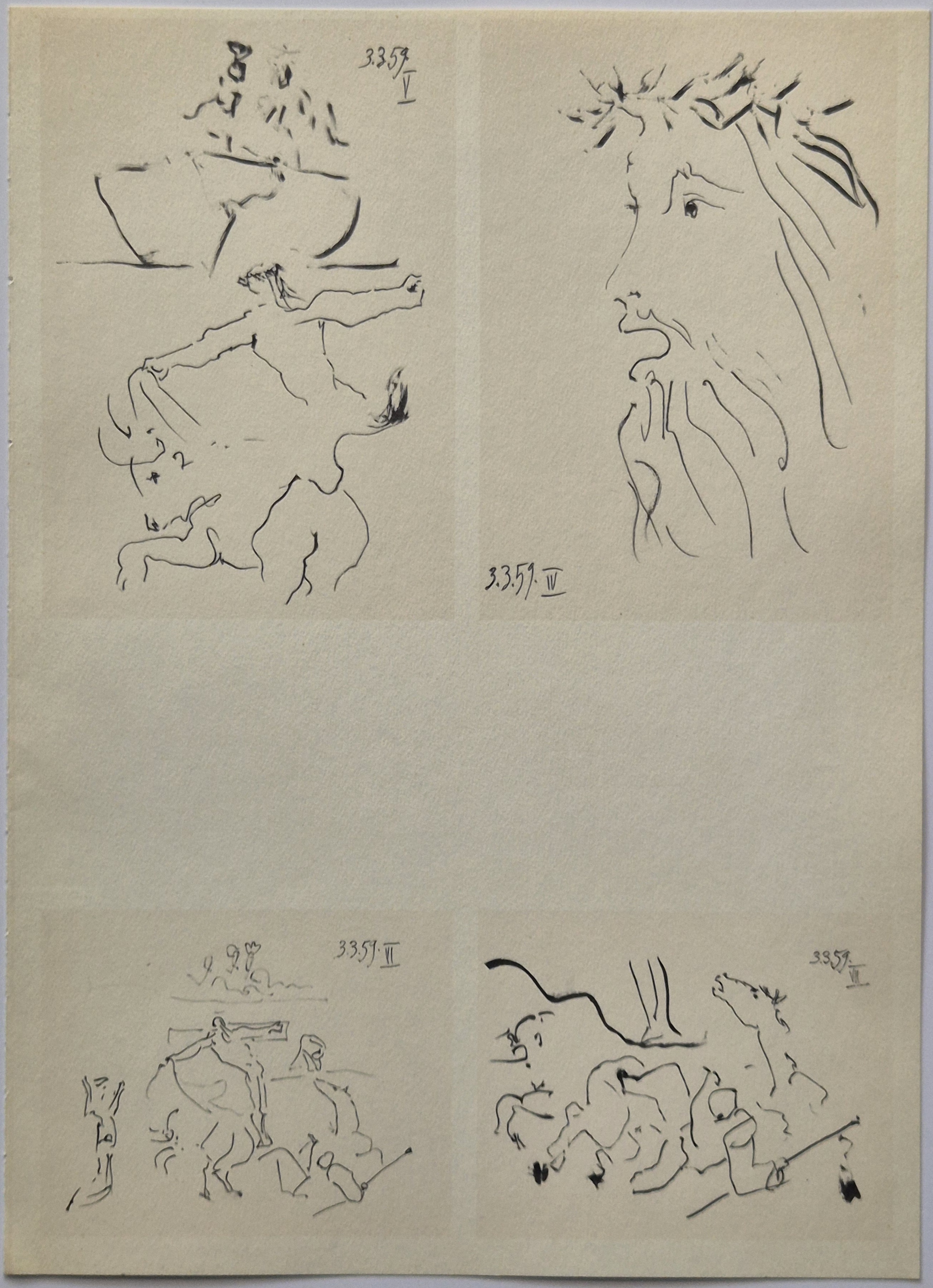 A collection of four loose, gestural sketches on aged paper depicting figures in dynamic poses.