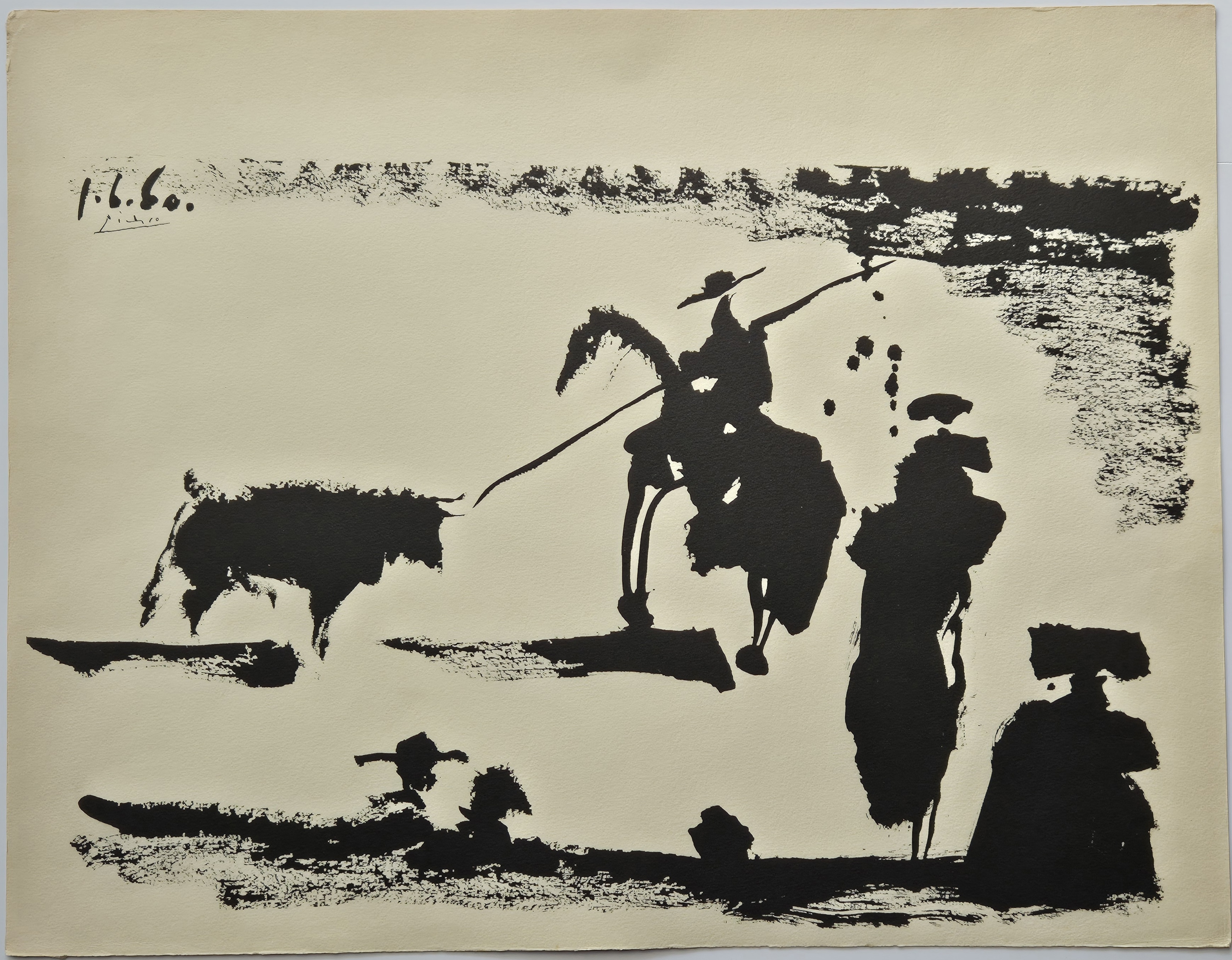 A bold black-and-white print depicting a matador on horseback facing a bull, with figures in the foreground.