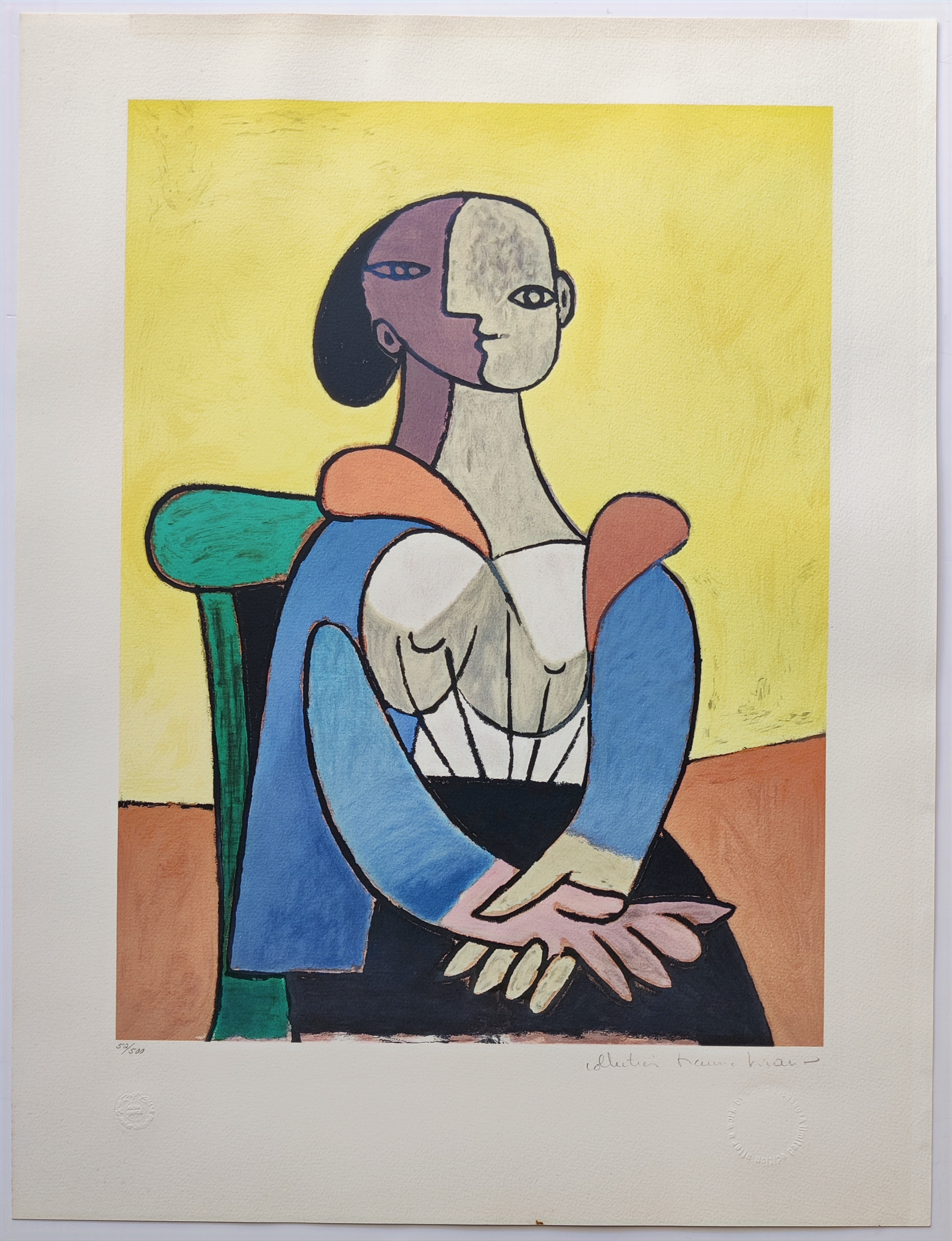 A painting of a woman sitting in a chair.