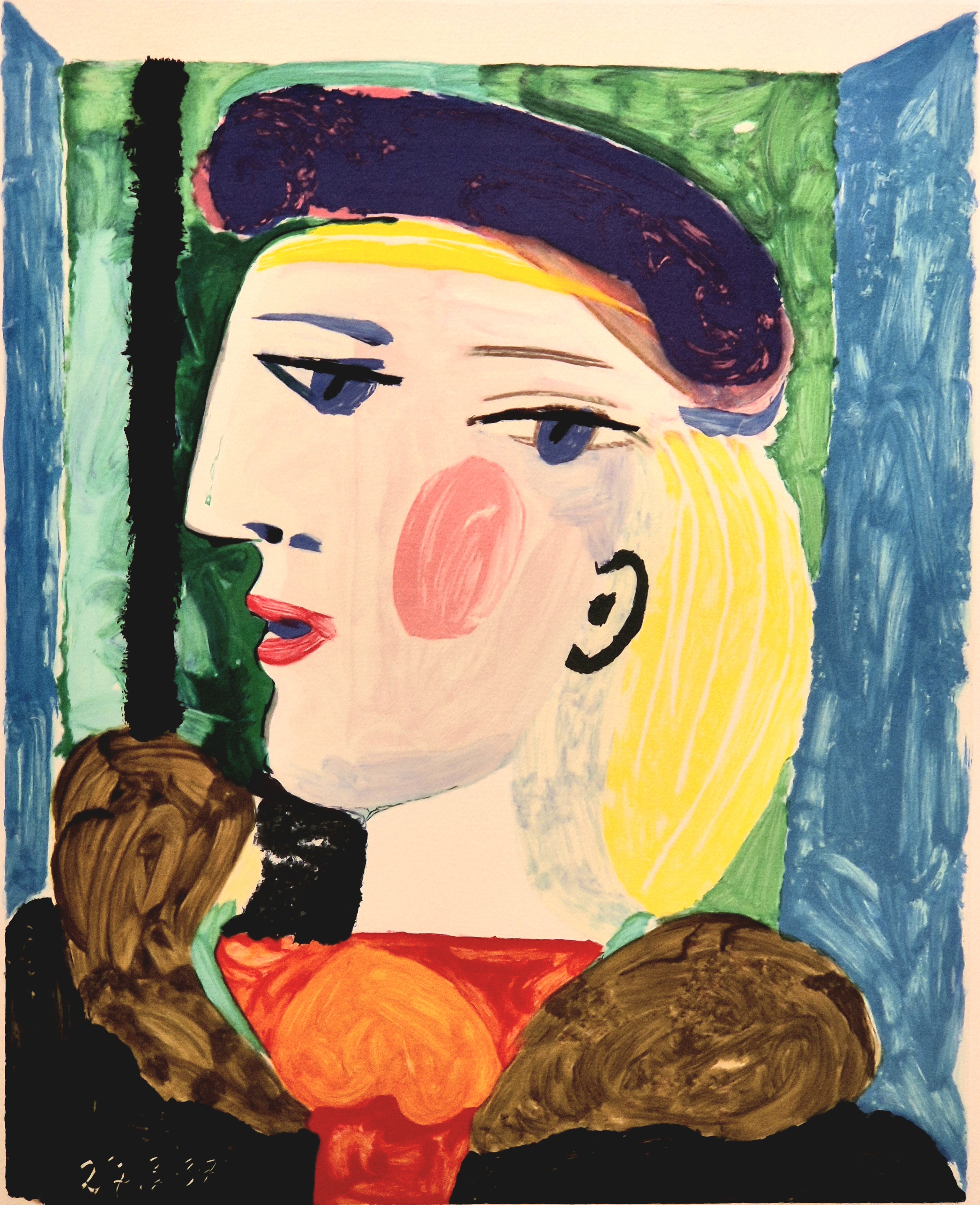 A painting of a woman wearing a hat and scarf.