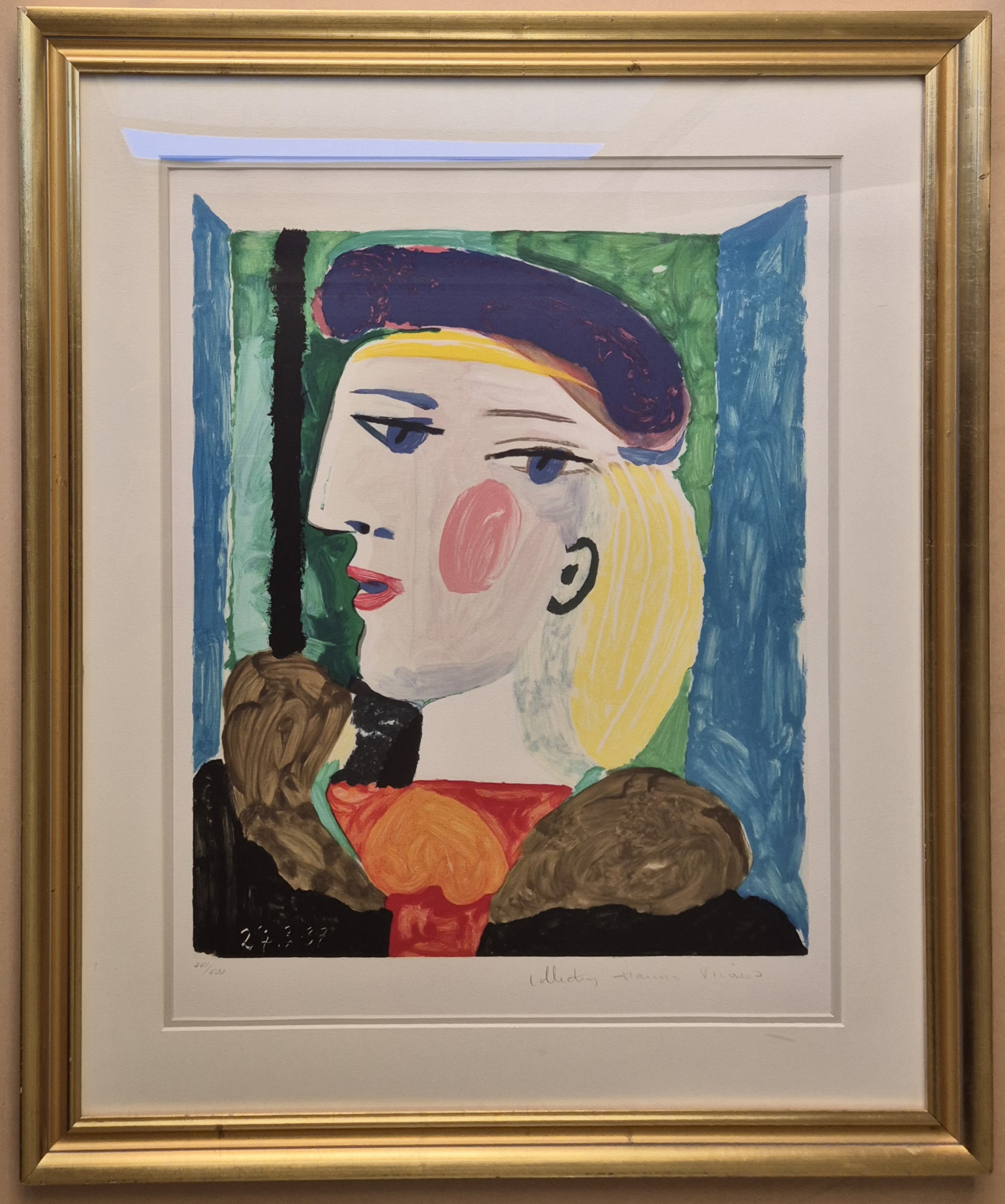 A painting of a woman wearing a hat and scarf.