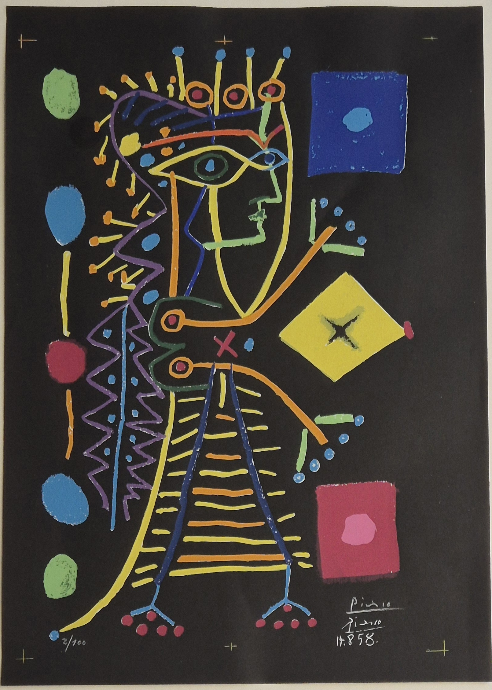 A vibrant, stylized portrait of a crowned figure in bold geometric shapes against a dark background.