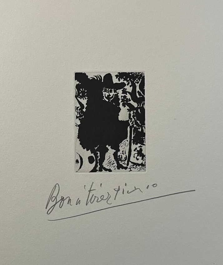 Artwork by Pablo Picasso, Jeune femme et vieux mari. Au loin l’amant cavalcade dans un jardin, Made of Aquatint etching on Vélin de Rives 