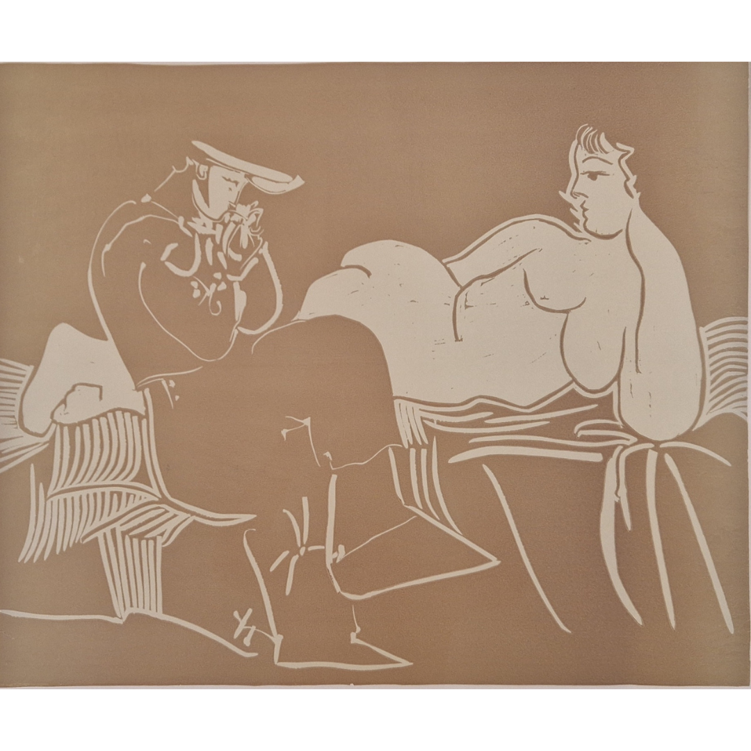 Artwork by Pablo Picasso, L’Aubade, avec Femme Accoudée, Made of Linocut, prined in brown and beige on Arches paper 
