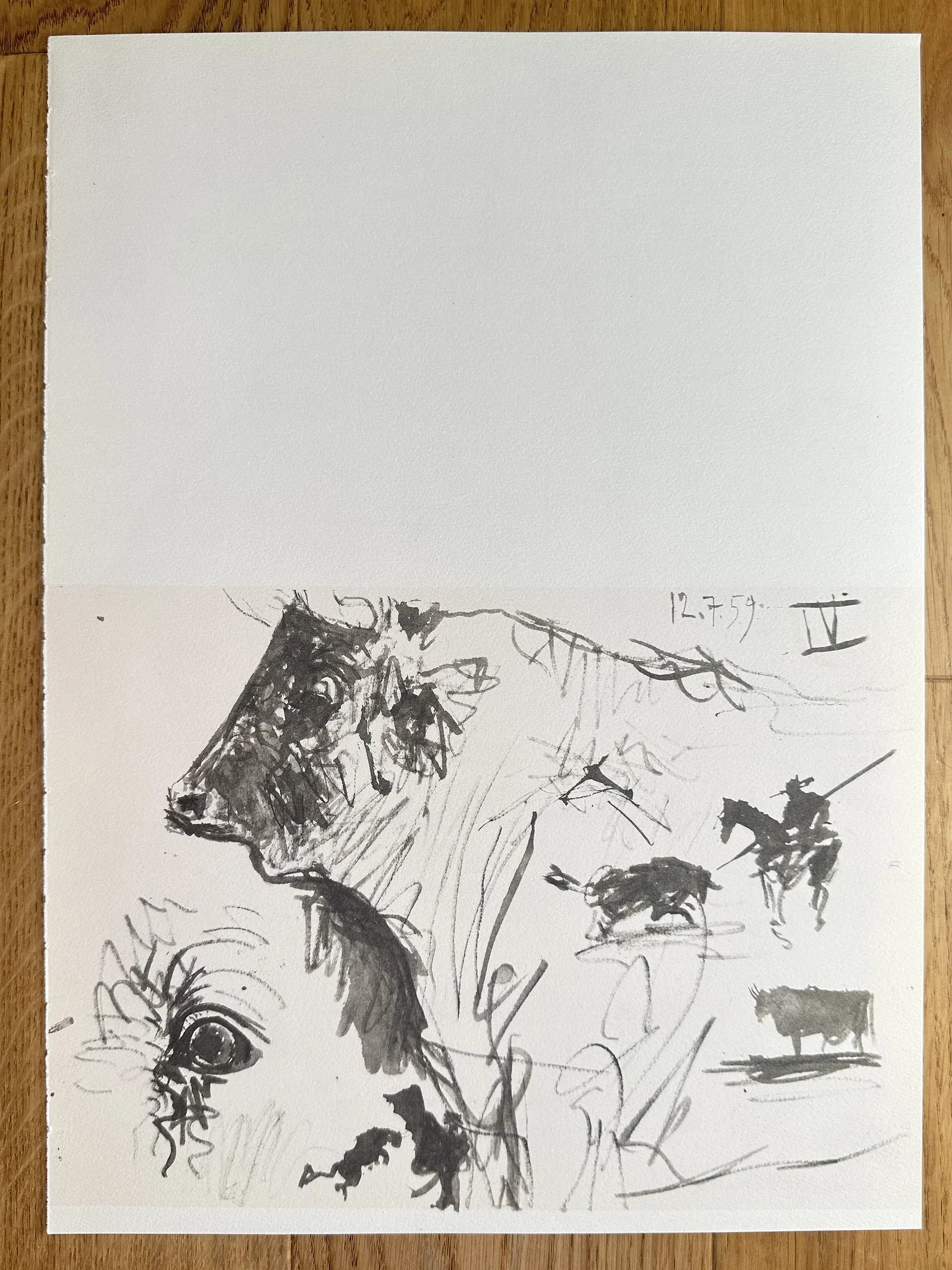 A dynamic ink study of a bearded figure in profile, surrounded by sketchy profiles and equestrian silhouettes.