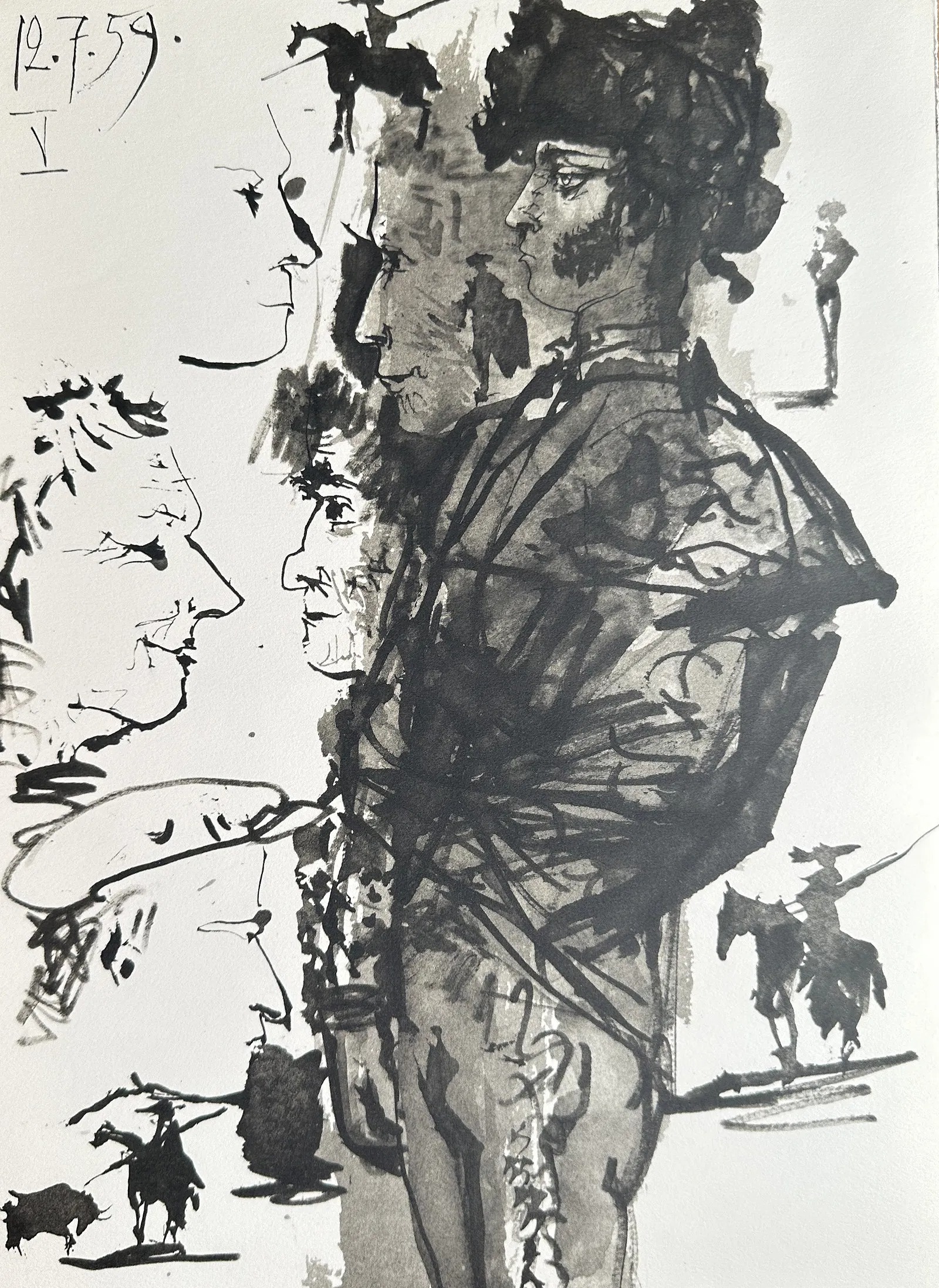 A dynamic ink study of a bearded figure in profile, surrounded by sketchy profiles and equestrian silhouettes.