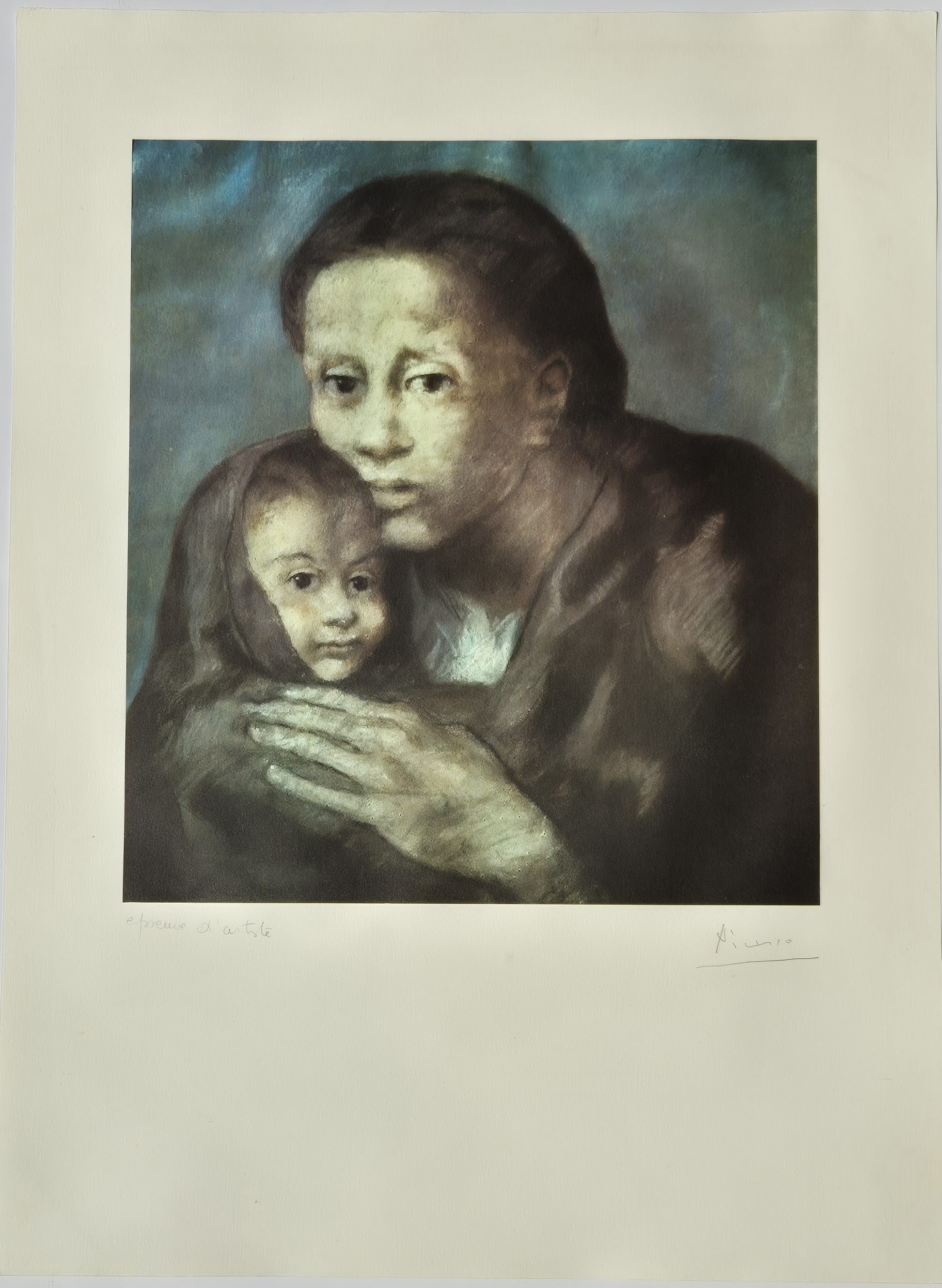A somber portrait of a woman holding a child against a muted blue background.