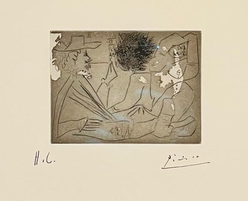 "Mousquetaire” envoyant une bouffée de fumée de pipe au visage d’une jeune femme by Pablo Picasso, 1968