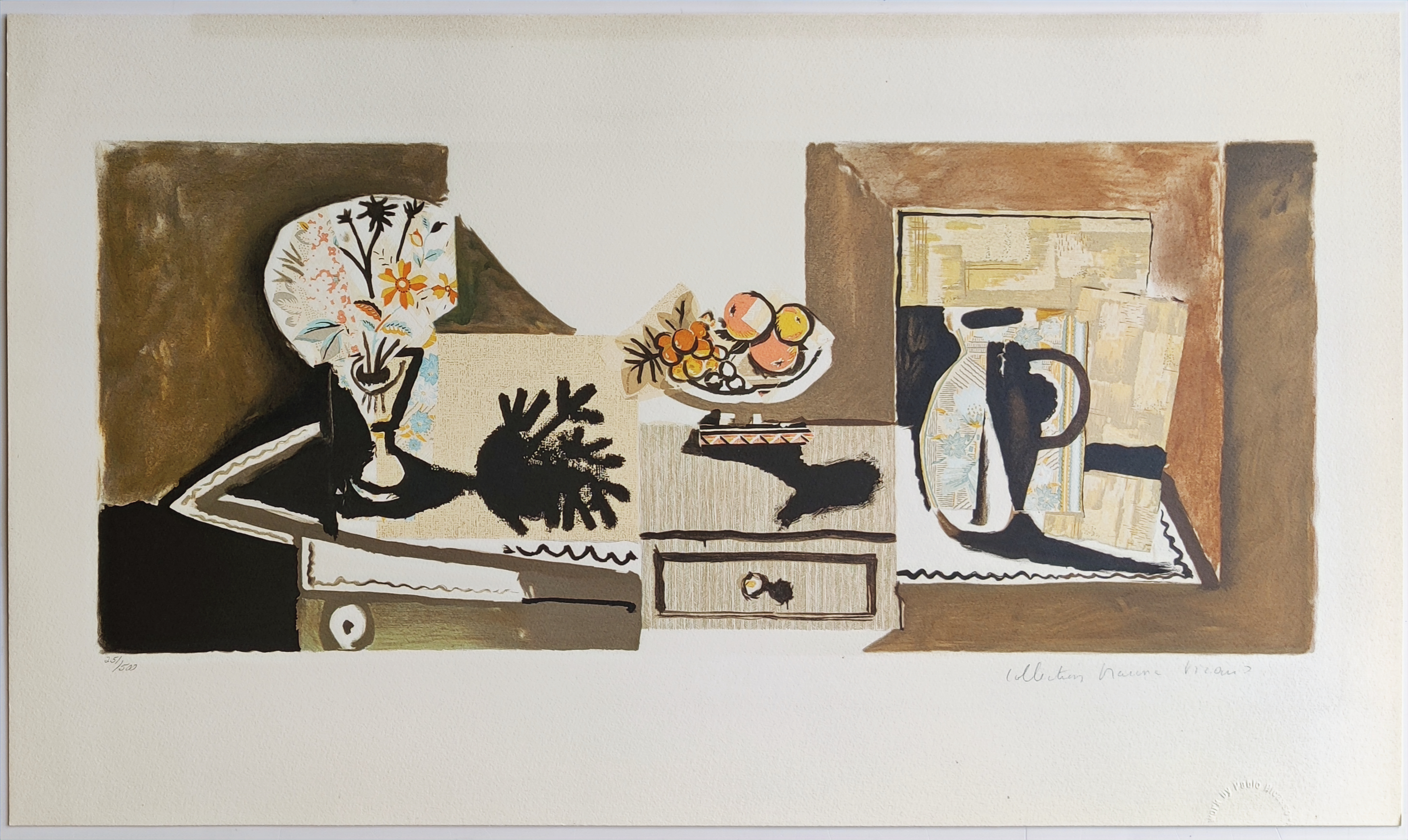 A painting of a table with a vase of flowers and fruit on it.