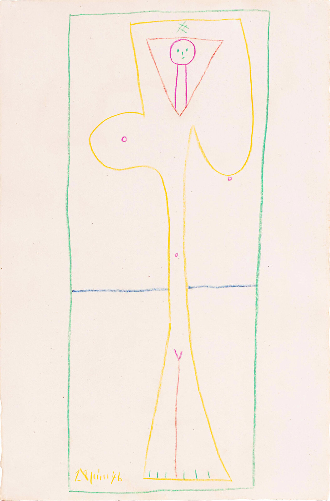 A colorful abstract drawing of a stylized human figure with geometric shapes and simple facial features.