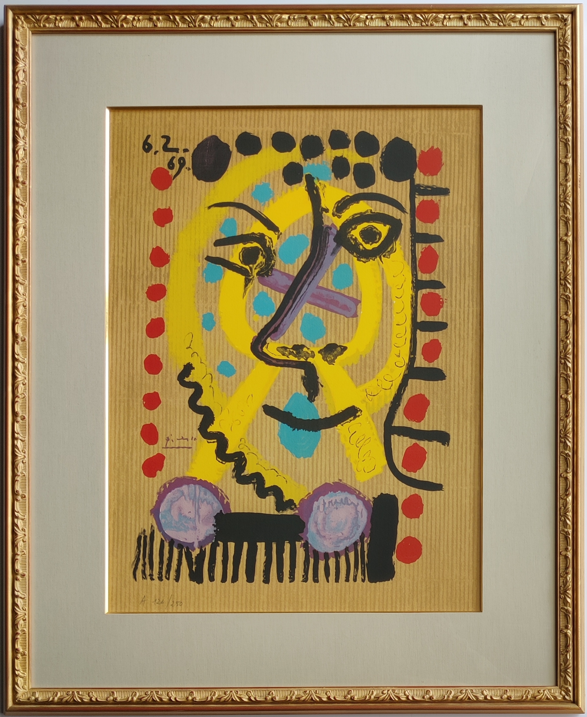 A painting of a yellow face on a yellow background.