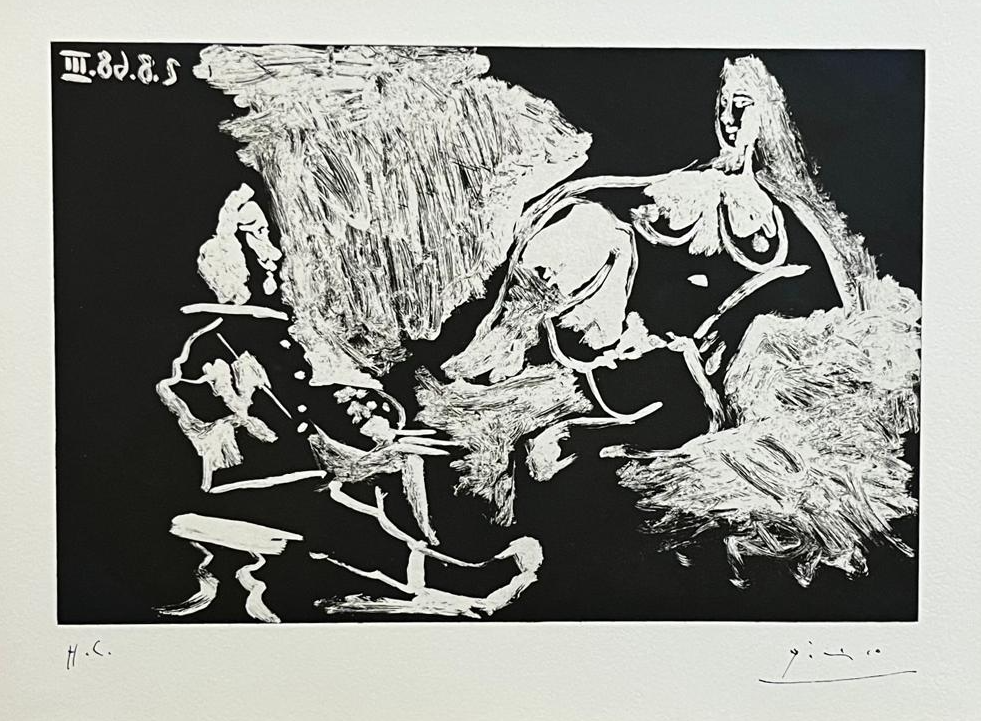 Artwork by Pablo Picasso, Peintre avec un modèle à demi allongé, Made of Aquatint etching on Vélin de Rives 