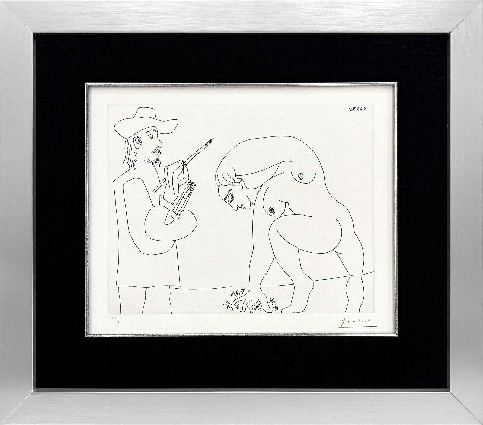 A black and white drawing of a man and a woman.