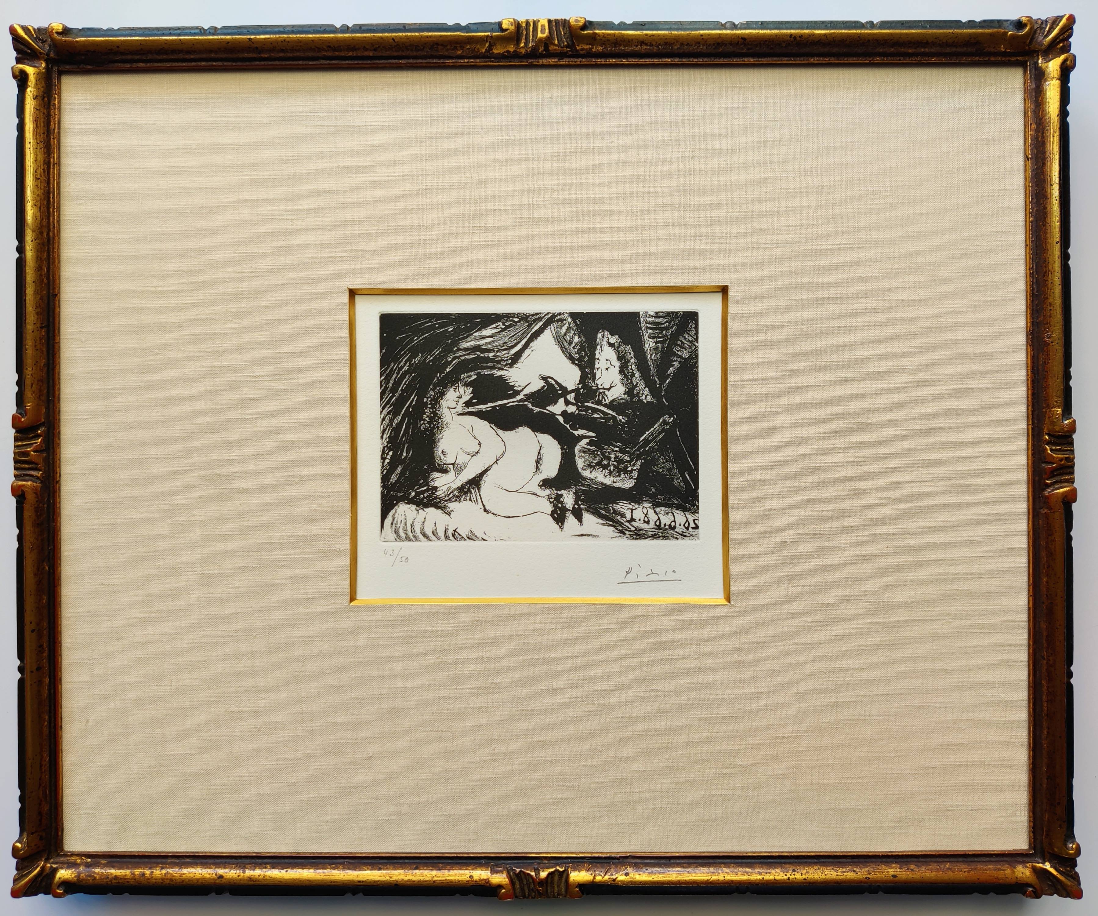 A black and white drawing of a woman laying on a bed.