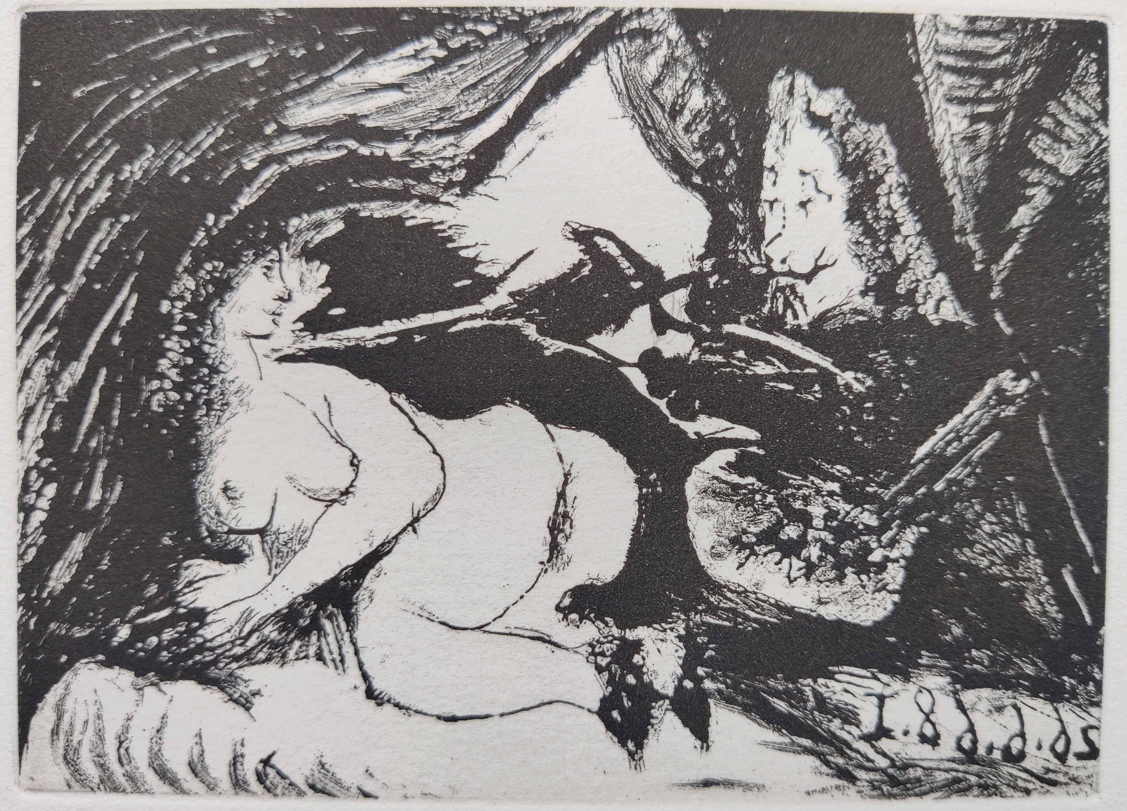 A black and white drawing of a woman laying on a bed.