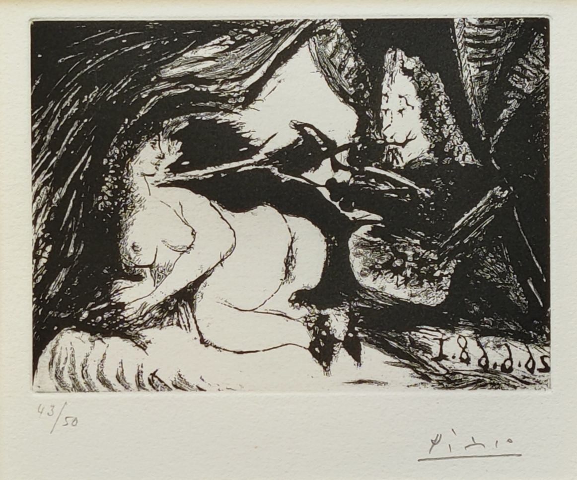 A black and white drawing of a woman laying on a bed.