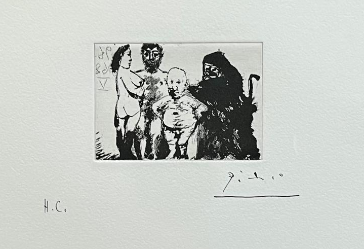 Artwork by Pablo Picasso, Petit vieux flatté par la Célestine, Made of Aquatint etching on Vélin de Rives 
