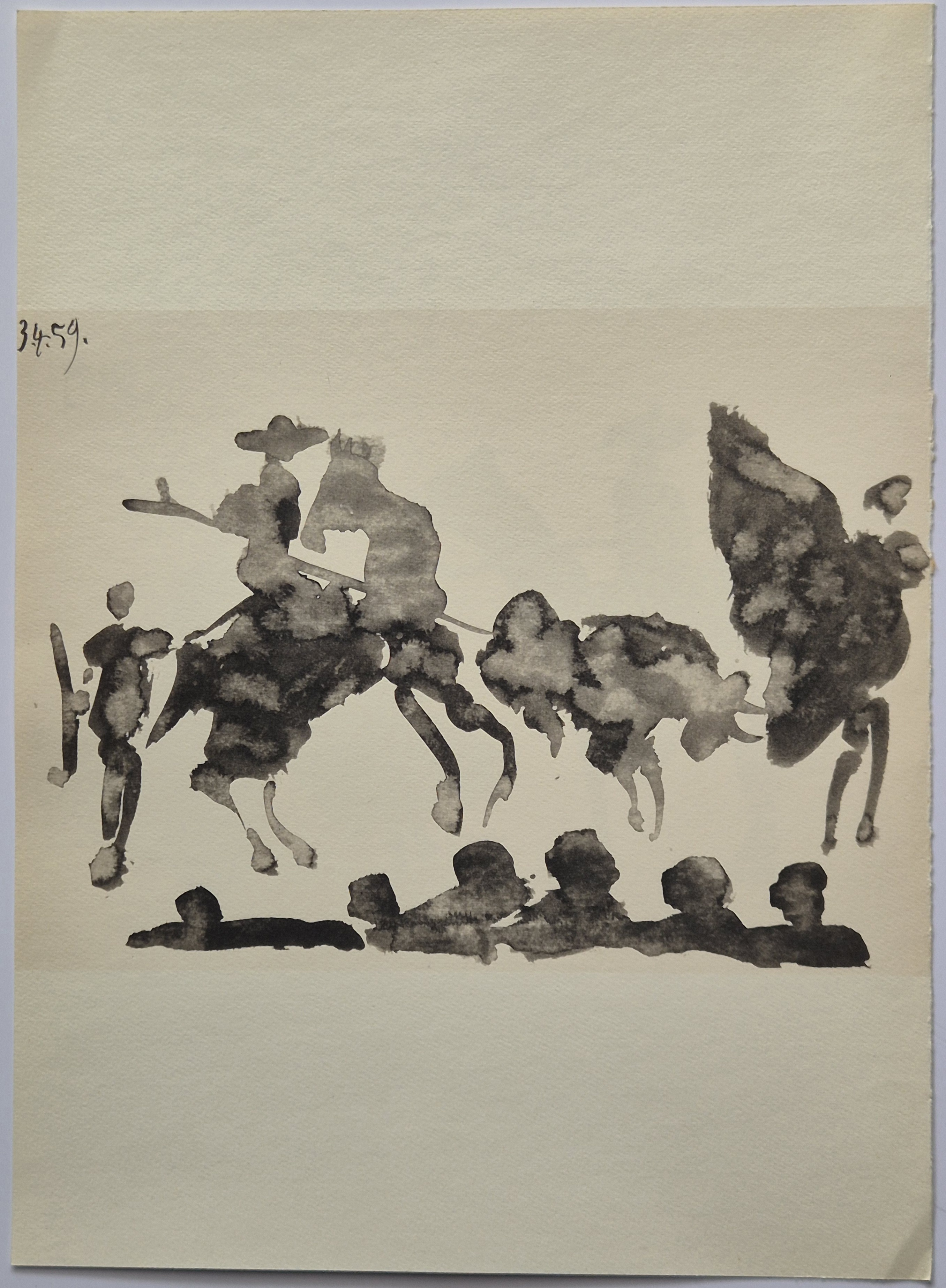 A black and white drawing of a man riding a horse.