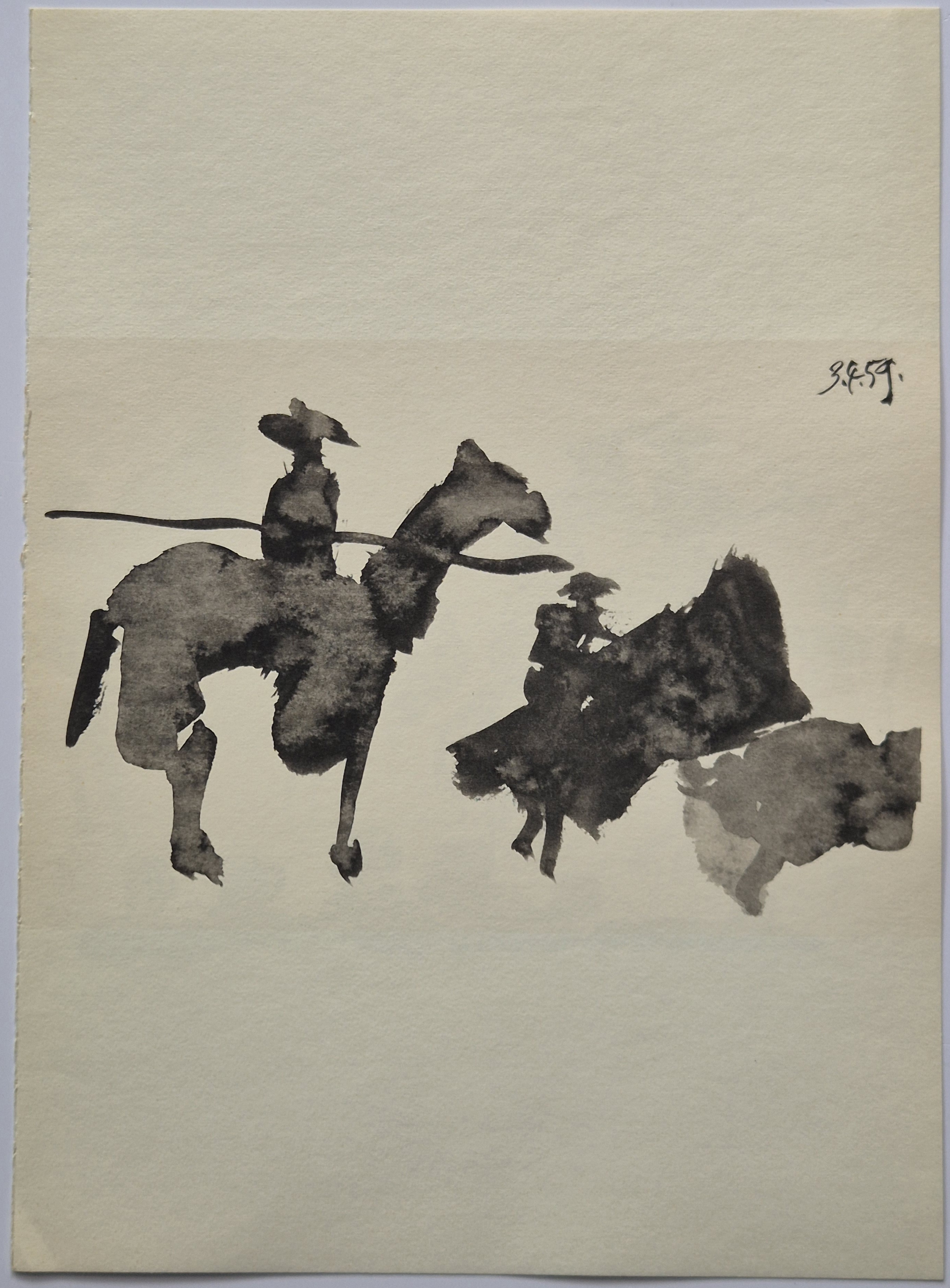 A black and white drawing of a man riding a horse.