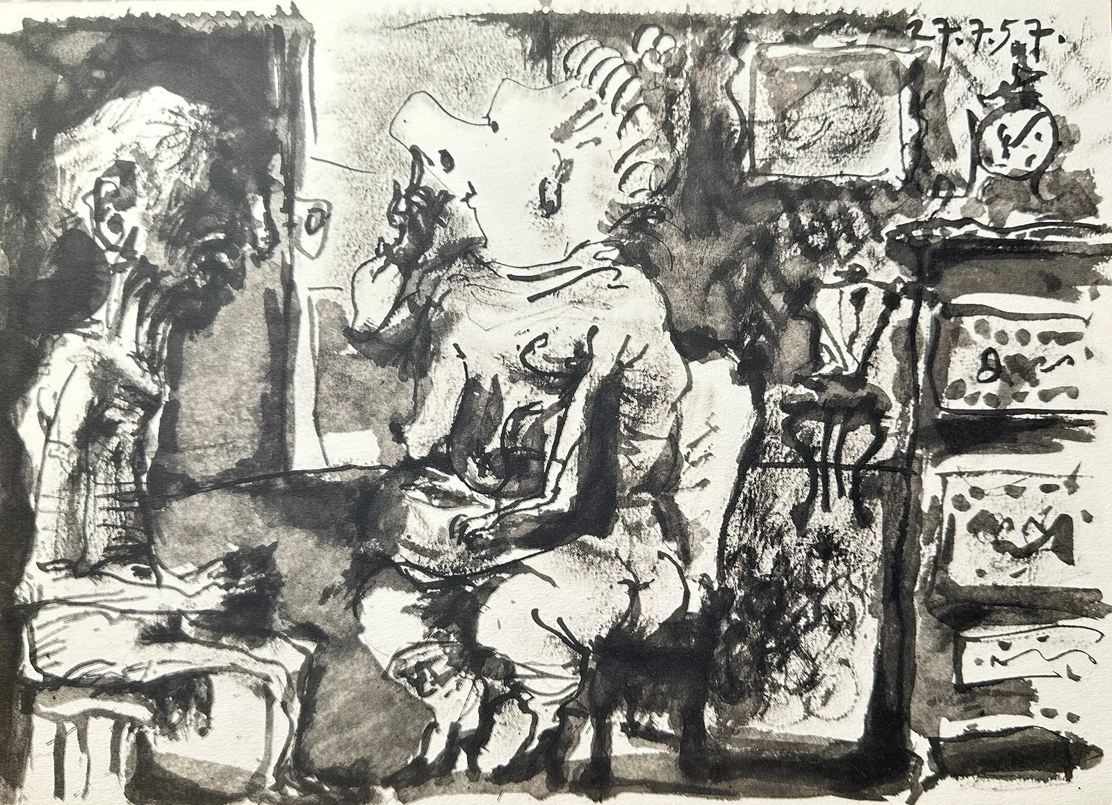 A monochromatic ink sketch of a crowded interior scene with three figures and a cat.