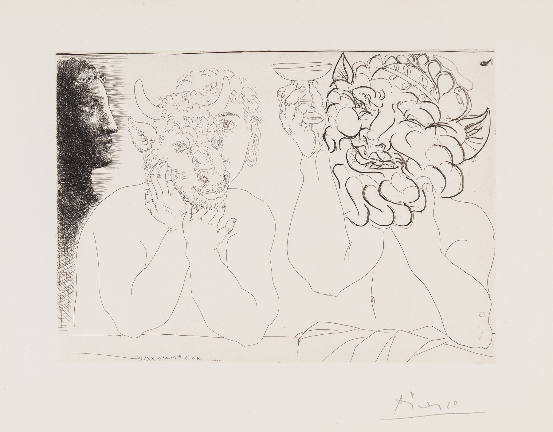 Profil De Marie-thérèse En Abîme, Jeune Homme Au Masque De Minotaure Et Vieux Barbu Aux Oreilles D’âne by Pablo Picasso, 1934