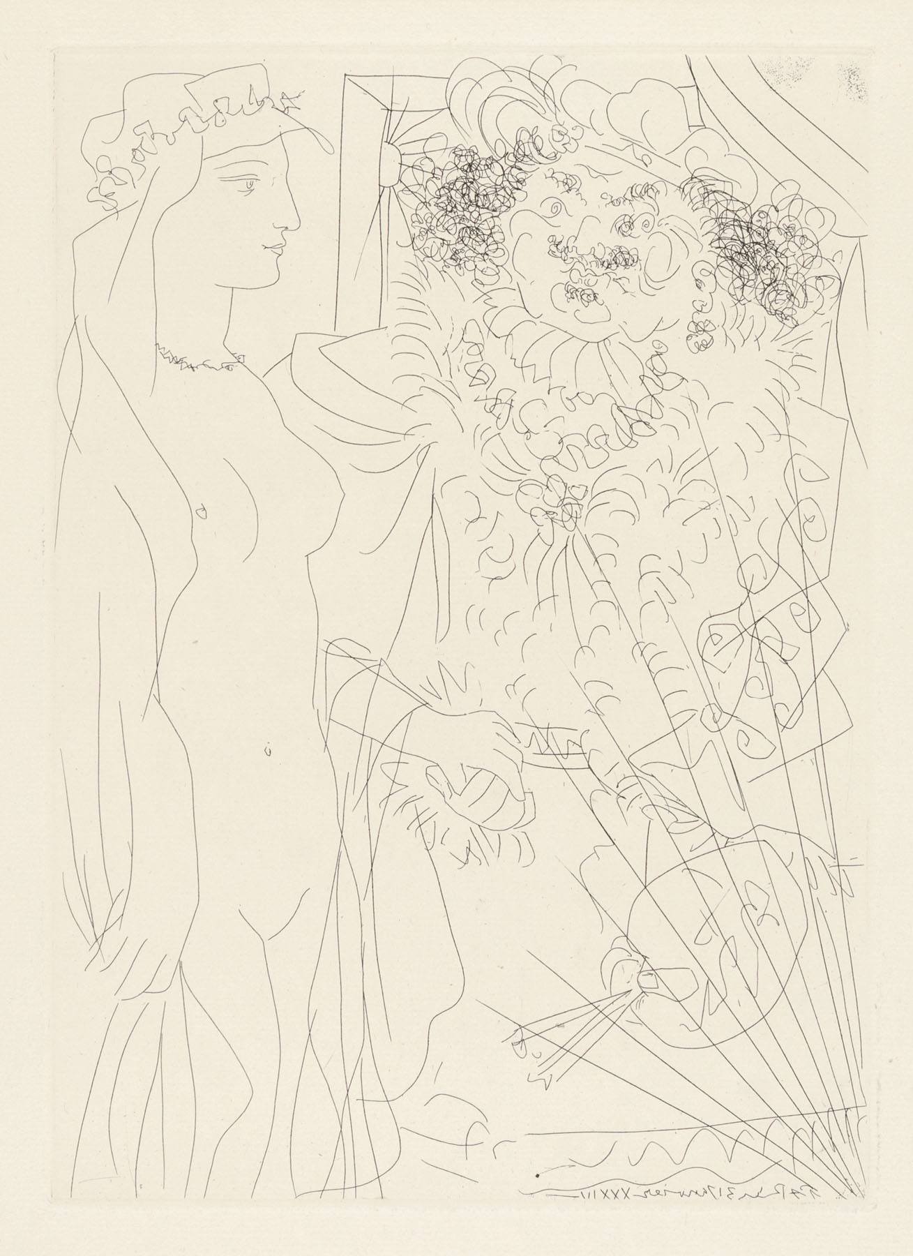 A drawing of a woman standing in front of a mirror.