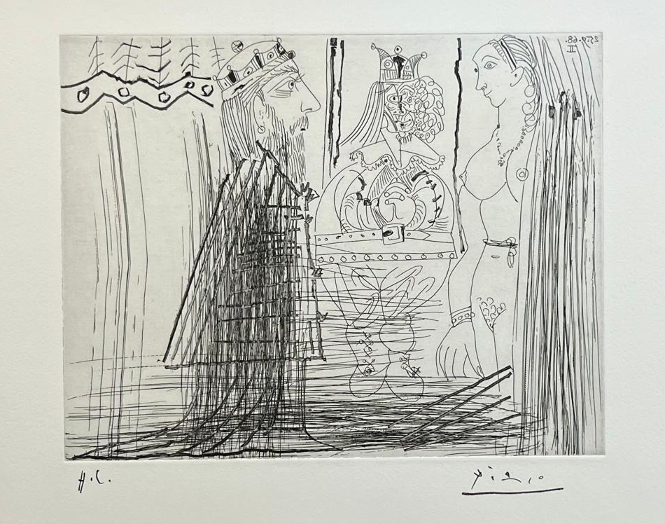Artwork by Pablo Picasso, Scène biblique (David et Bethsabée?), avec bouffon au chapeau à deux cornes, Made of Etching on Vélin de Rives 