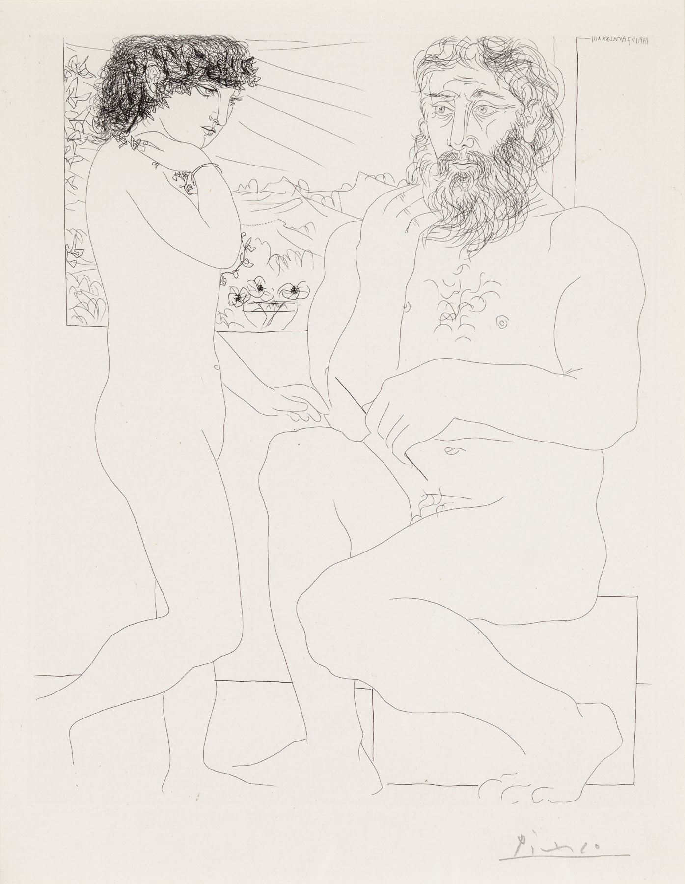 Artwork by Pablo Picasso, Sculpteur Songeant, Modèle Aux Cheveux Noirs Et Bol Avec Trois Anemones, Made of Original Etching 