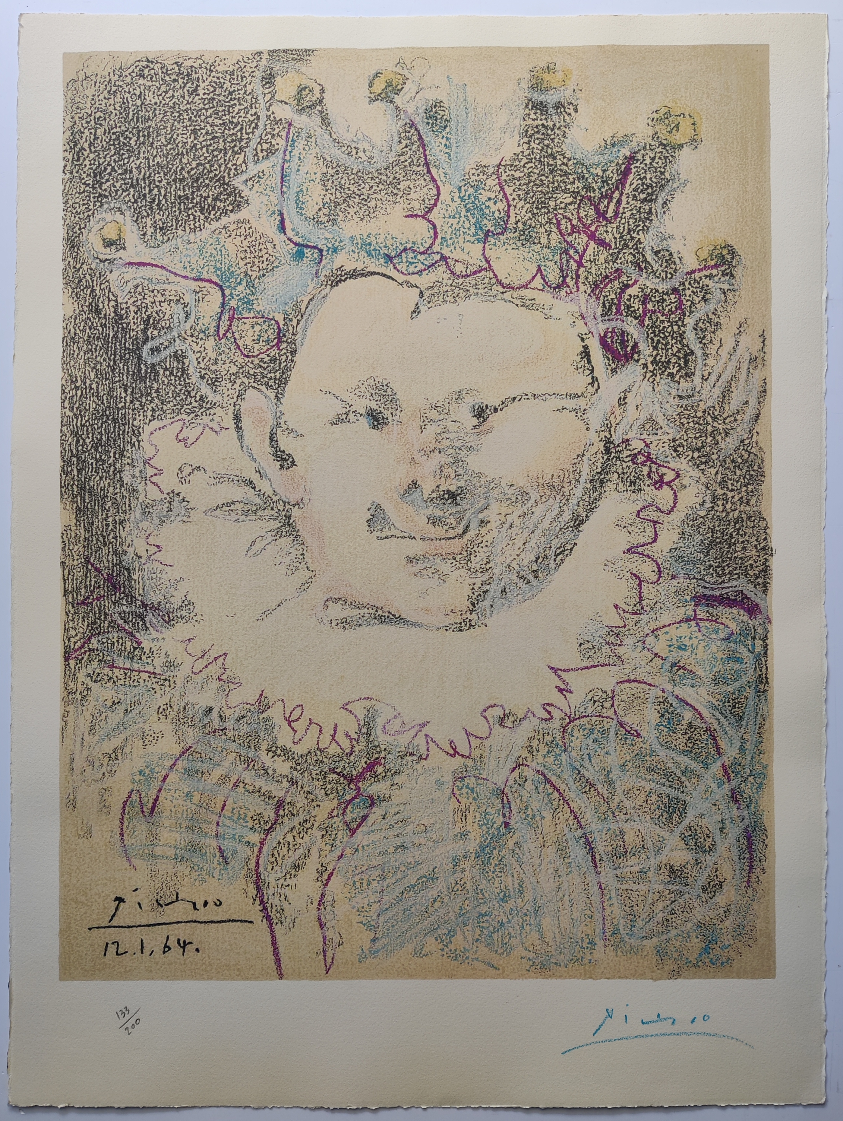 A drawing of a clown with a crown on his head.