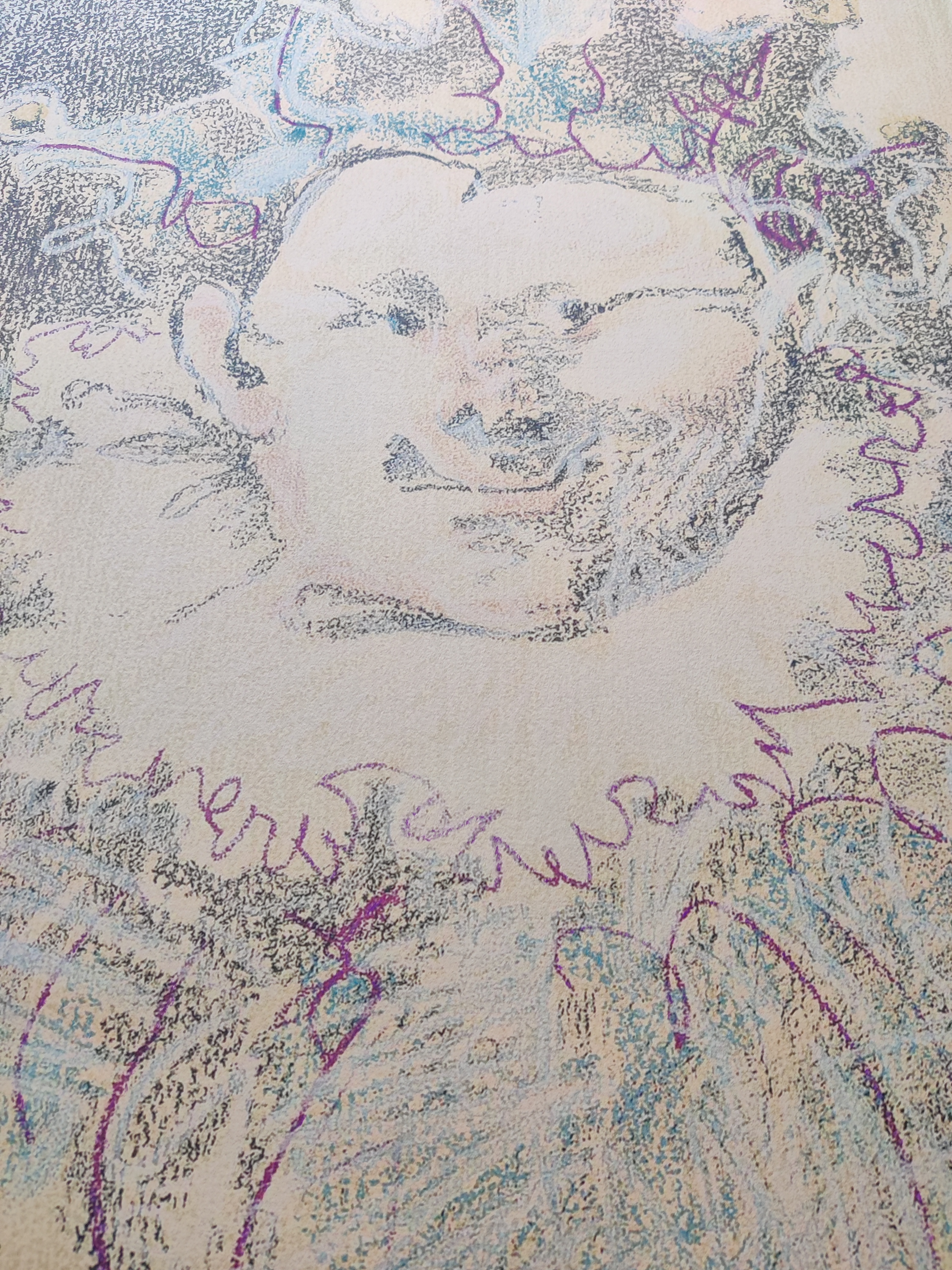 A drawing of a clown with a crown on his head.