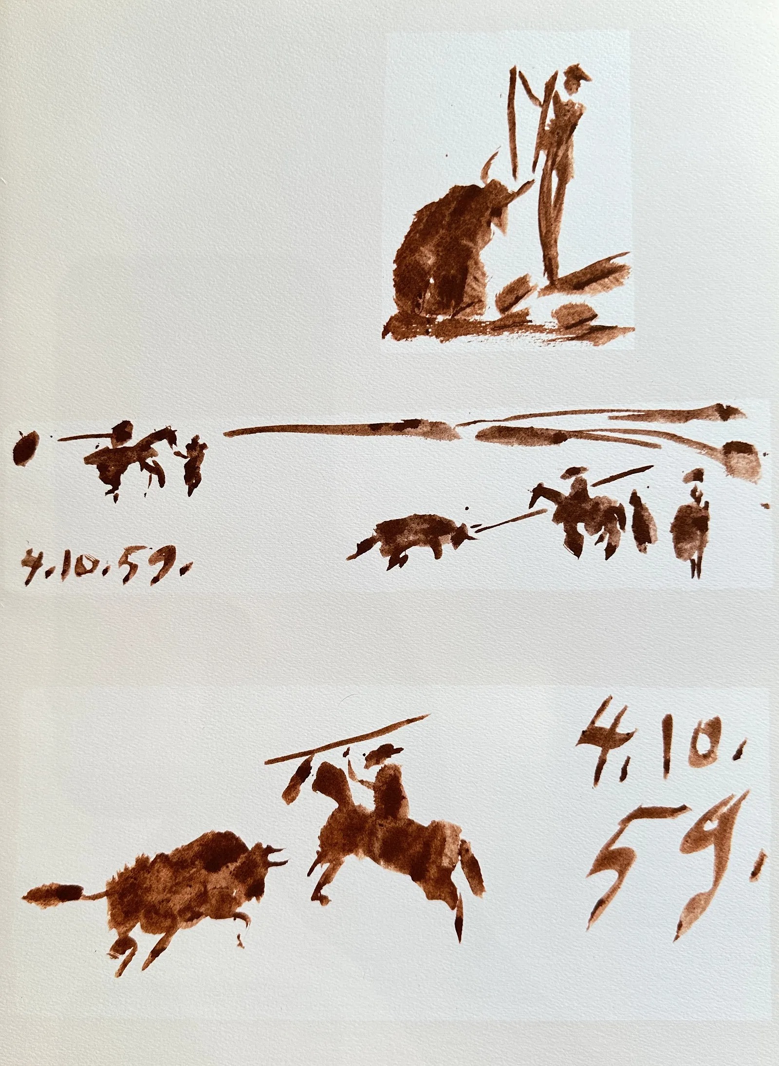 A series of loose, expressive ink sketches depicting a bullfight scene.