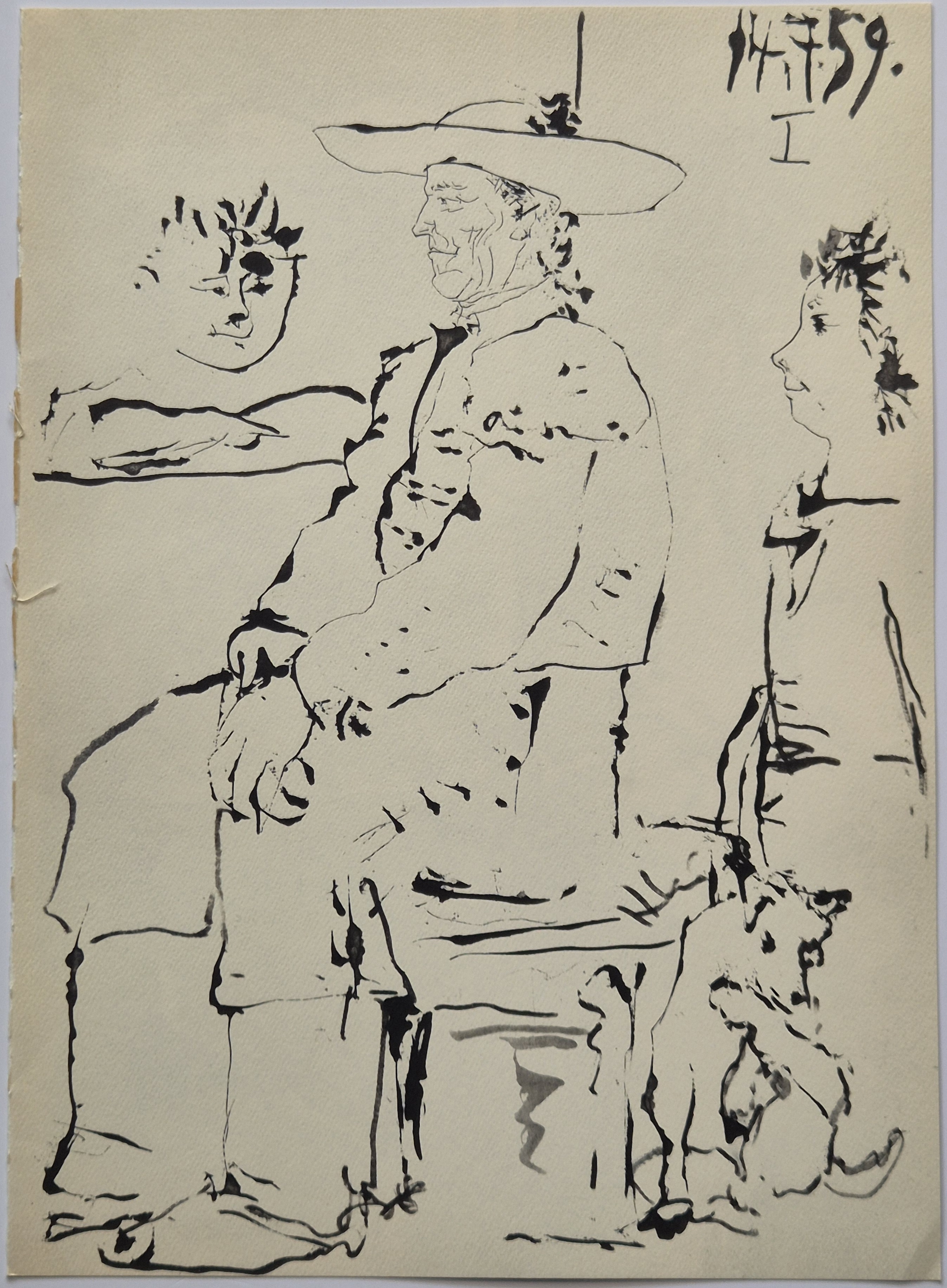 A black and white drawing of a woman sitting on a chair.