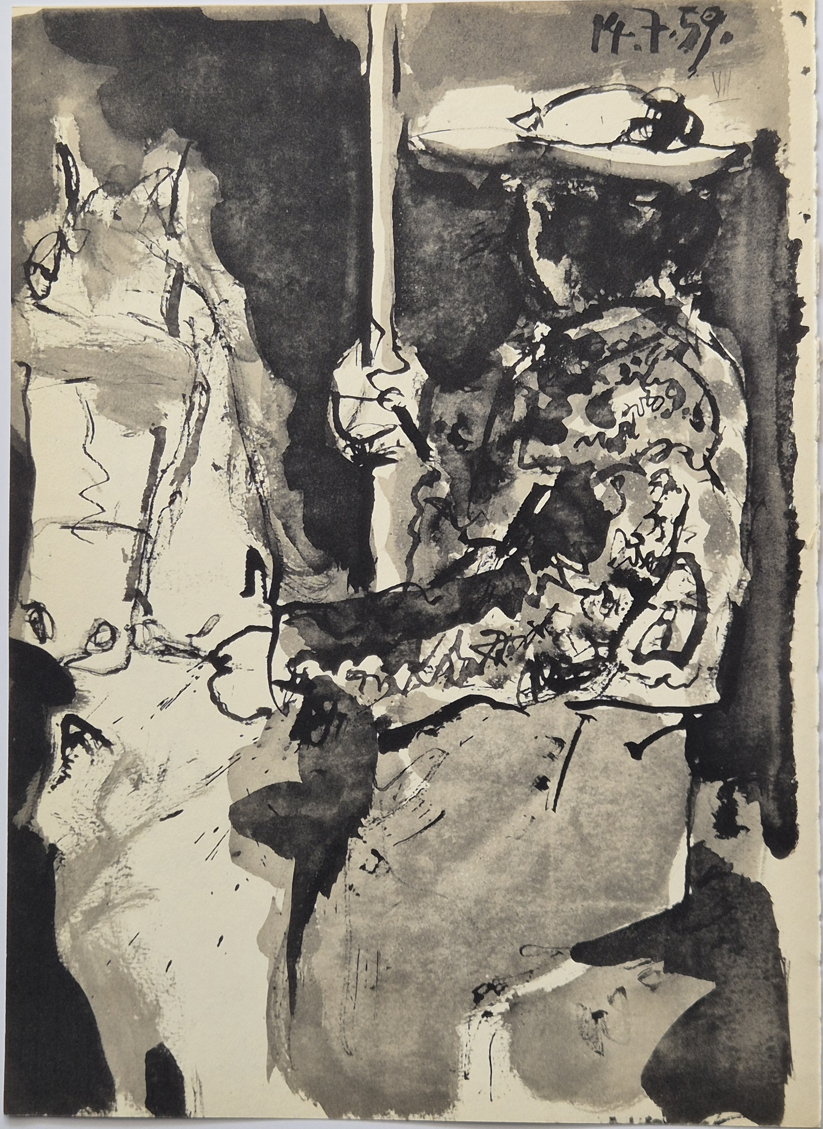 A black and white drawing of a woman sitting on a chair.