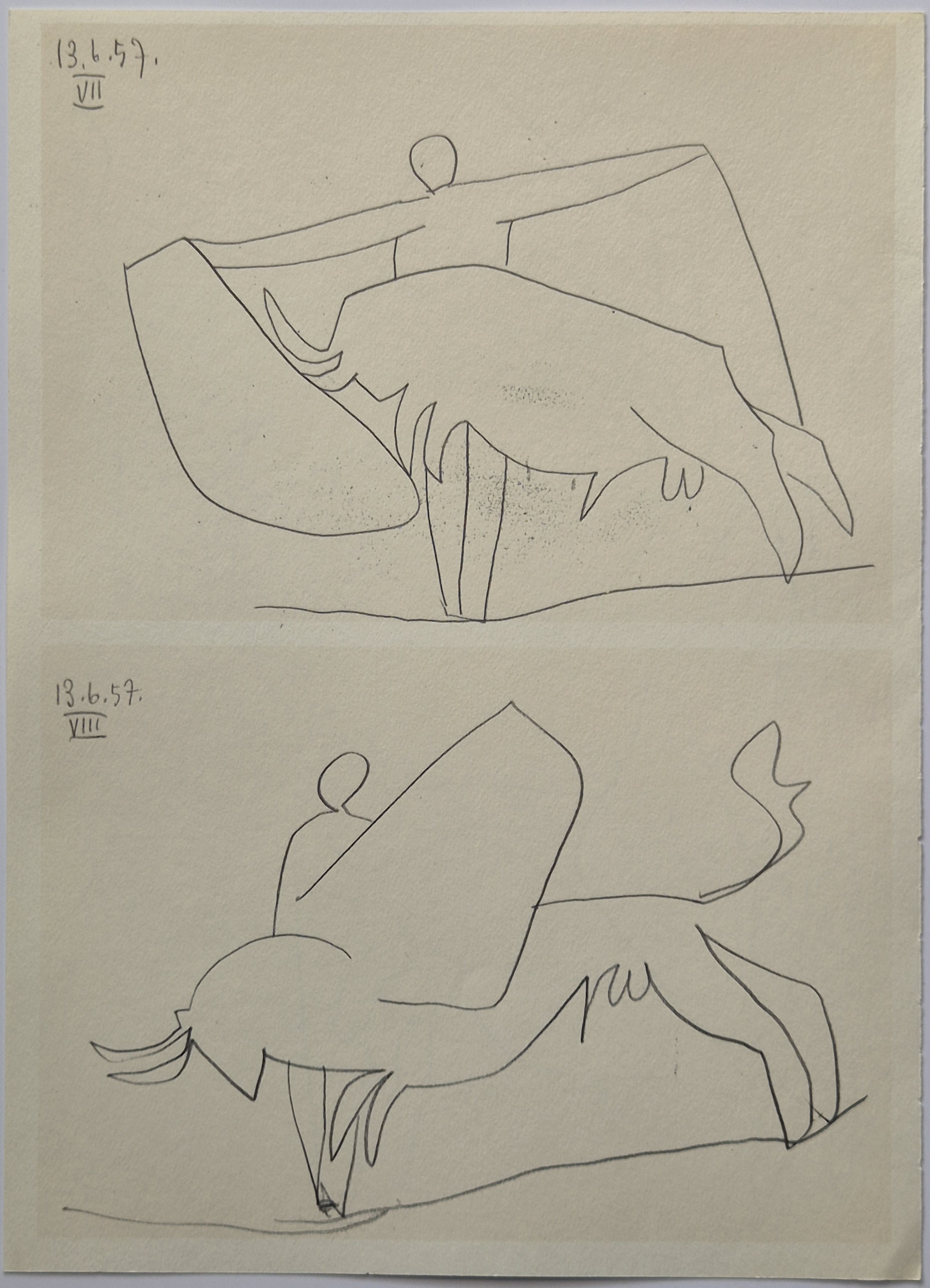 A minimalist line drawing study of a figure embracing a bull.