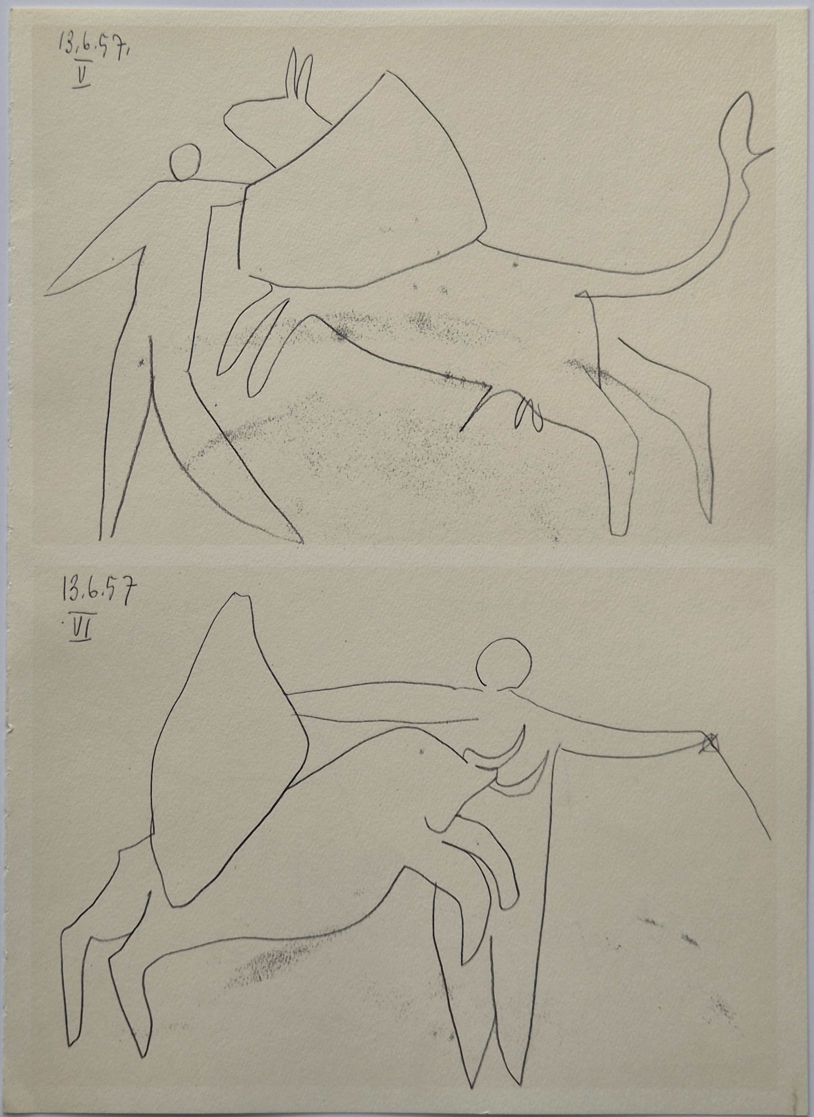 A minimalist line drawing study of a figure embracing a bull.