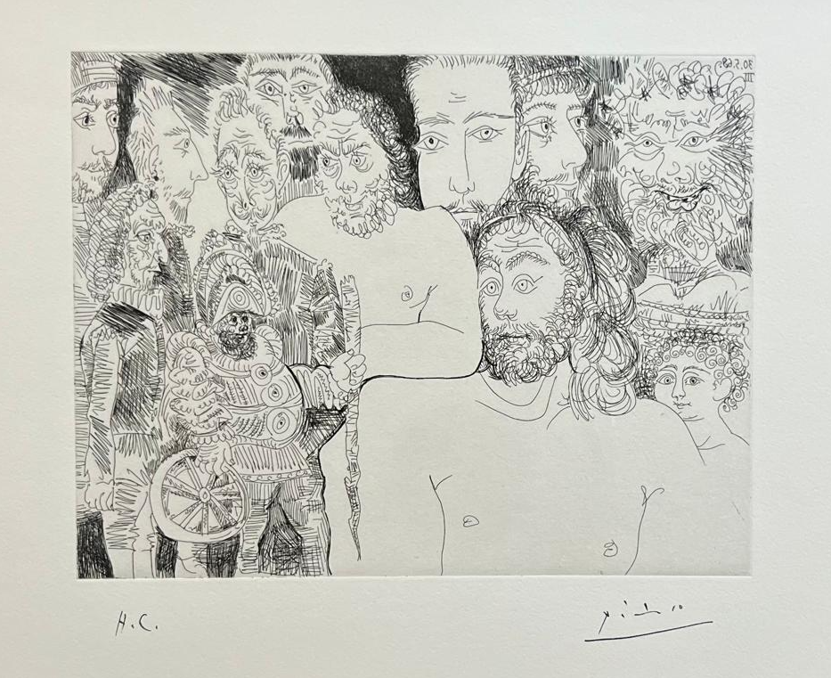 Artwork by Pablo Picasso, Vieux saltimbanque arrivant, avec sa roue cassée, dans une foule masculine moqueuse et méprisante, Made of Etching on Vélin de Rives 