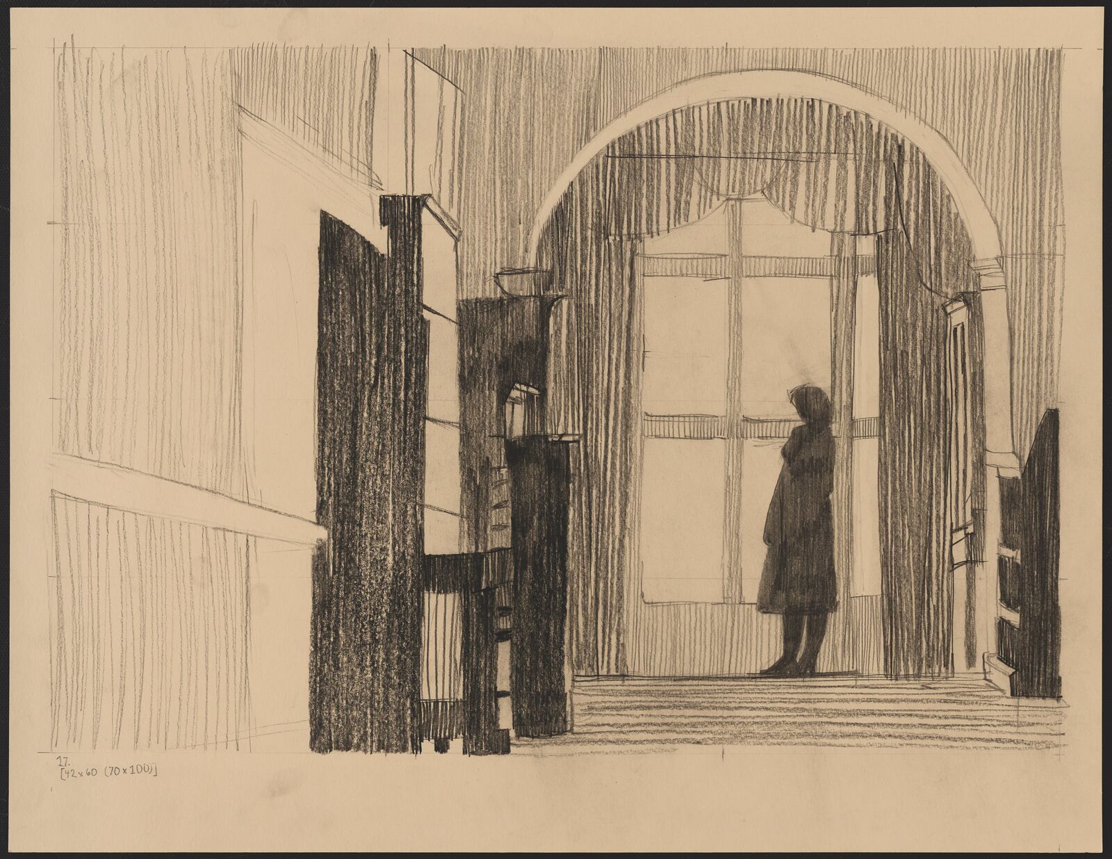 A monochromatic sketch of a solitary figure standing in an arched doorway, surrounded by heavy drapery and dark architectural forms.