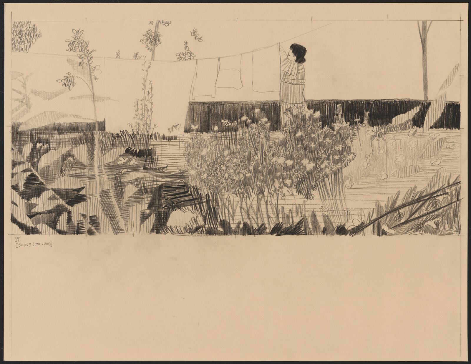 A black and white drawing of a woman hanging out to dry on a clothes line.