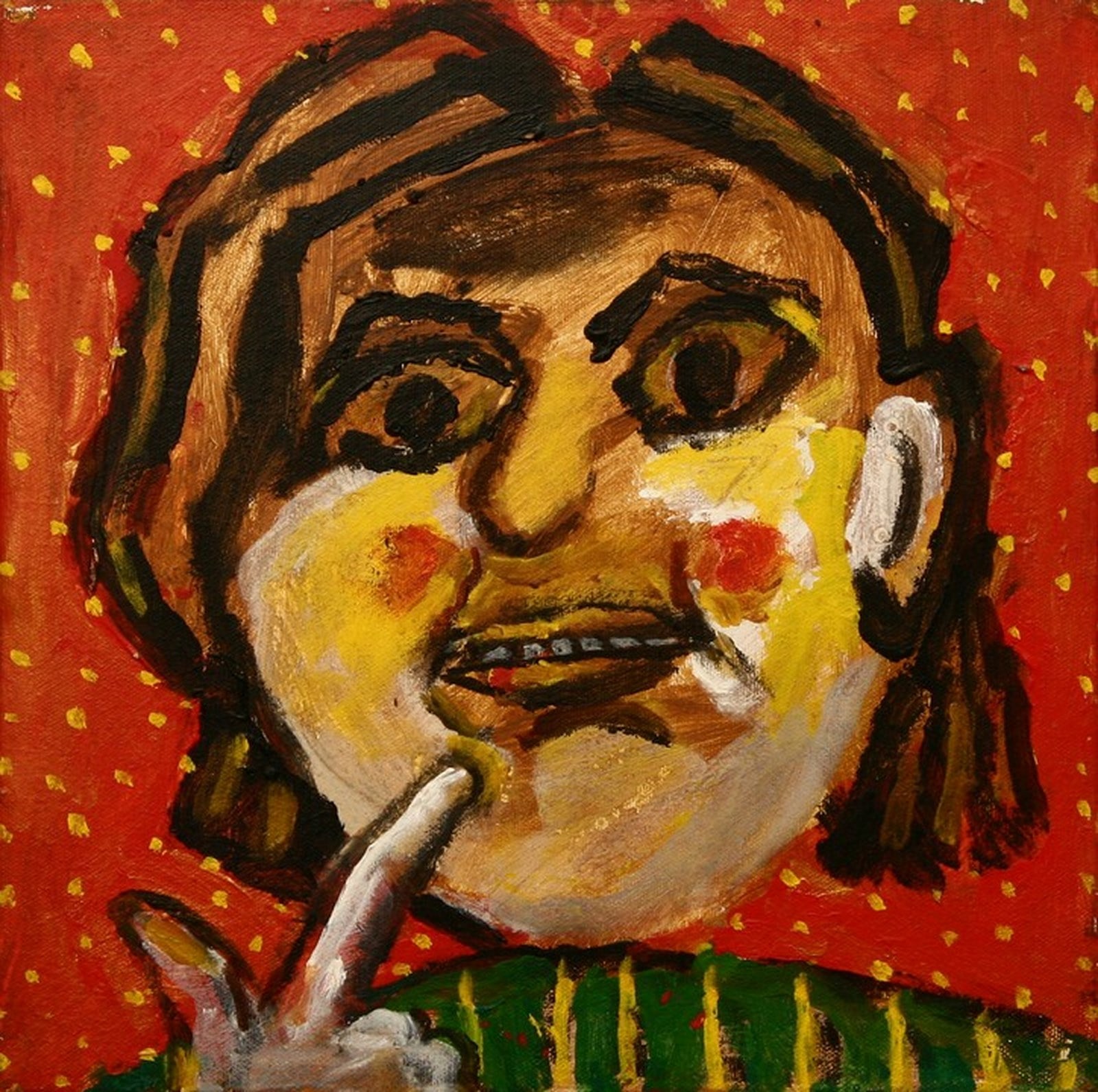 A painting of a woman with a finger on her lips.